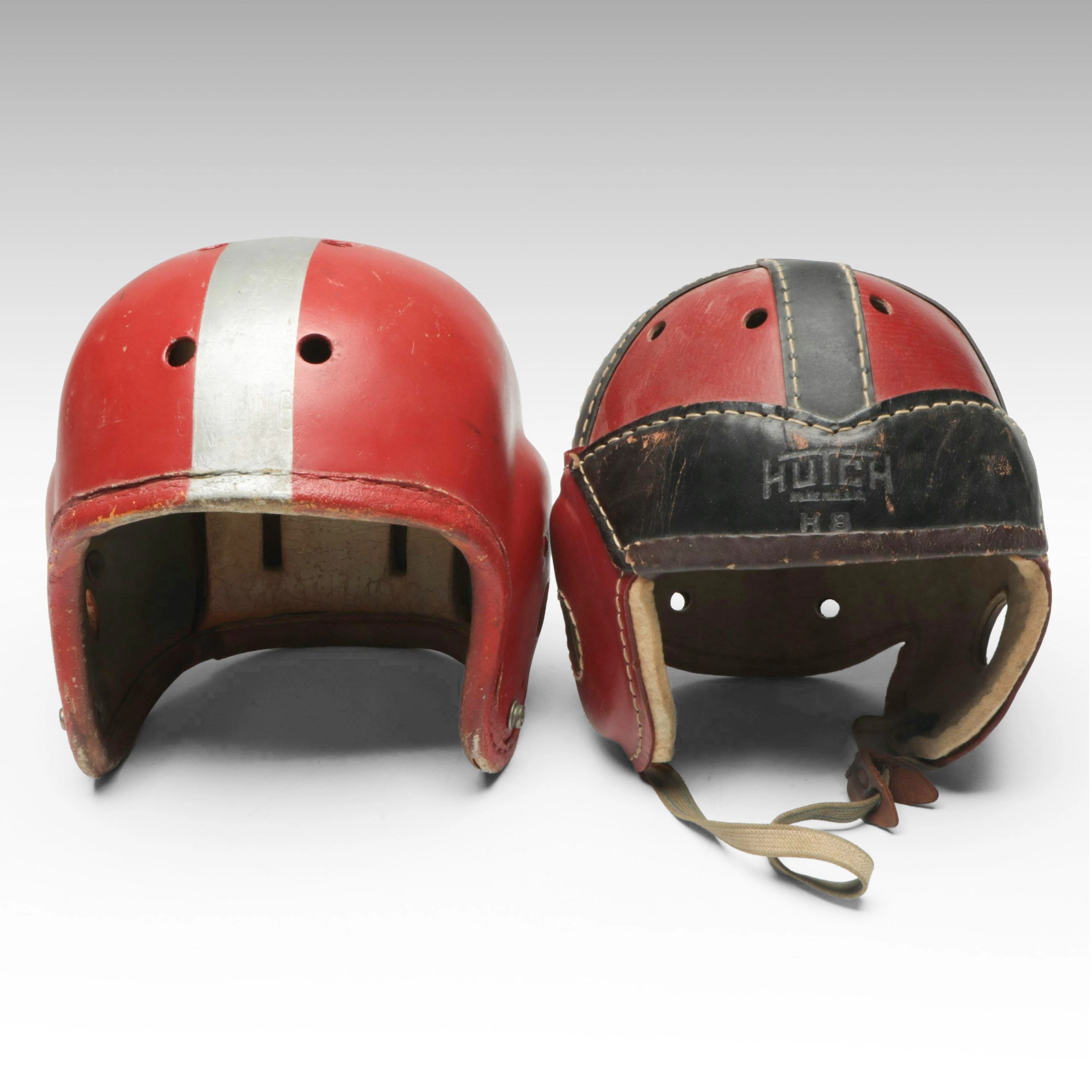 Hutch H-8 1930s-1940s Leather Football Helmet with Spalding 1950s Helmet