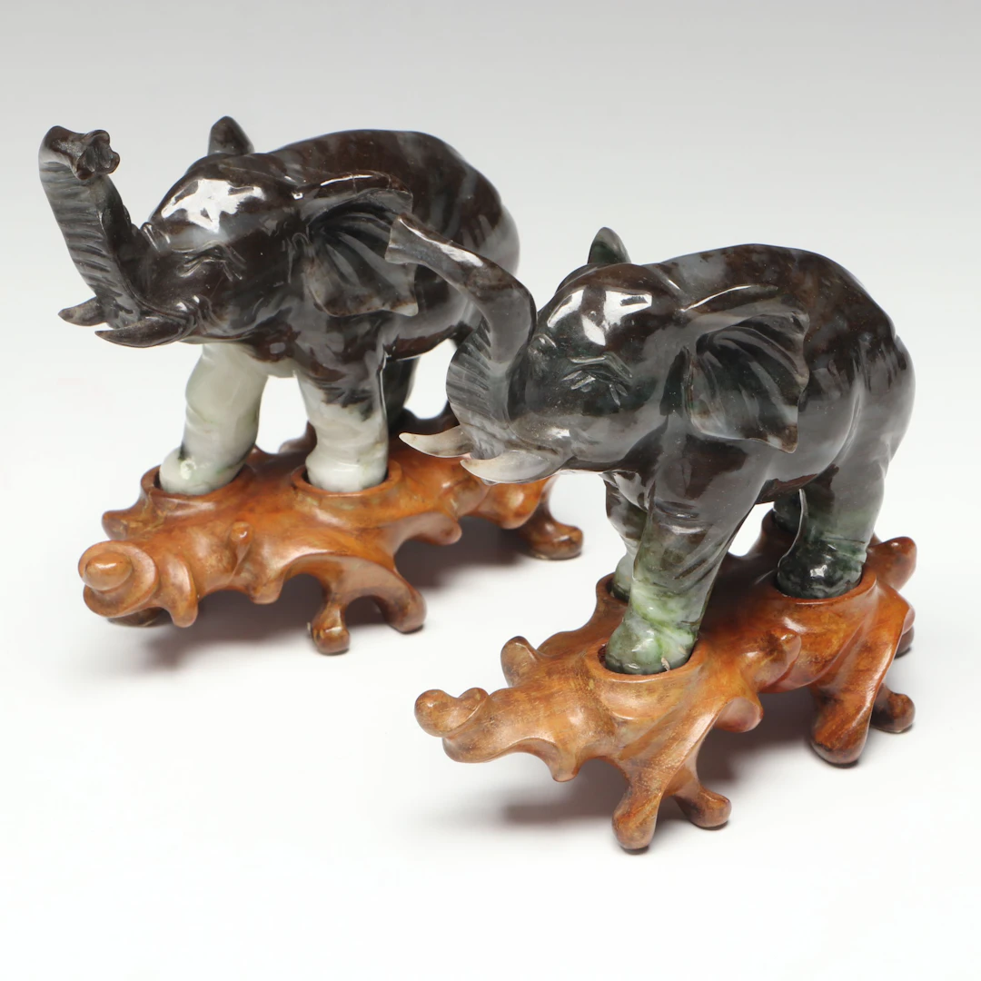 Chinese Carved Jasper Elephants on Burl Wood Stands