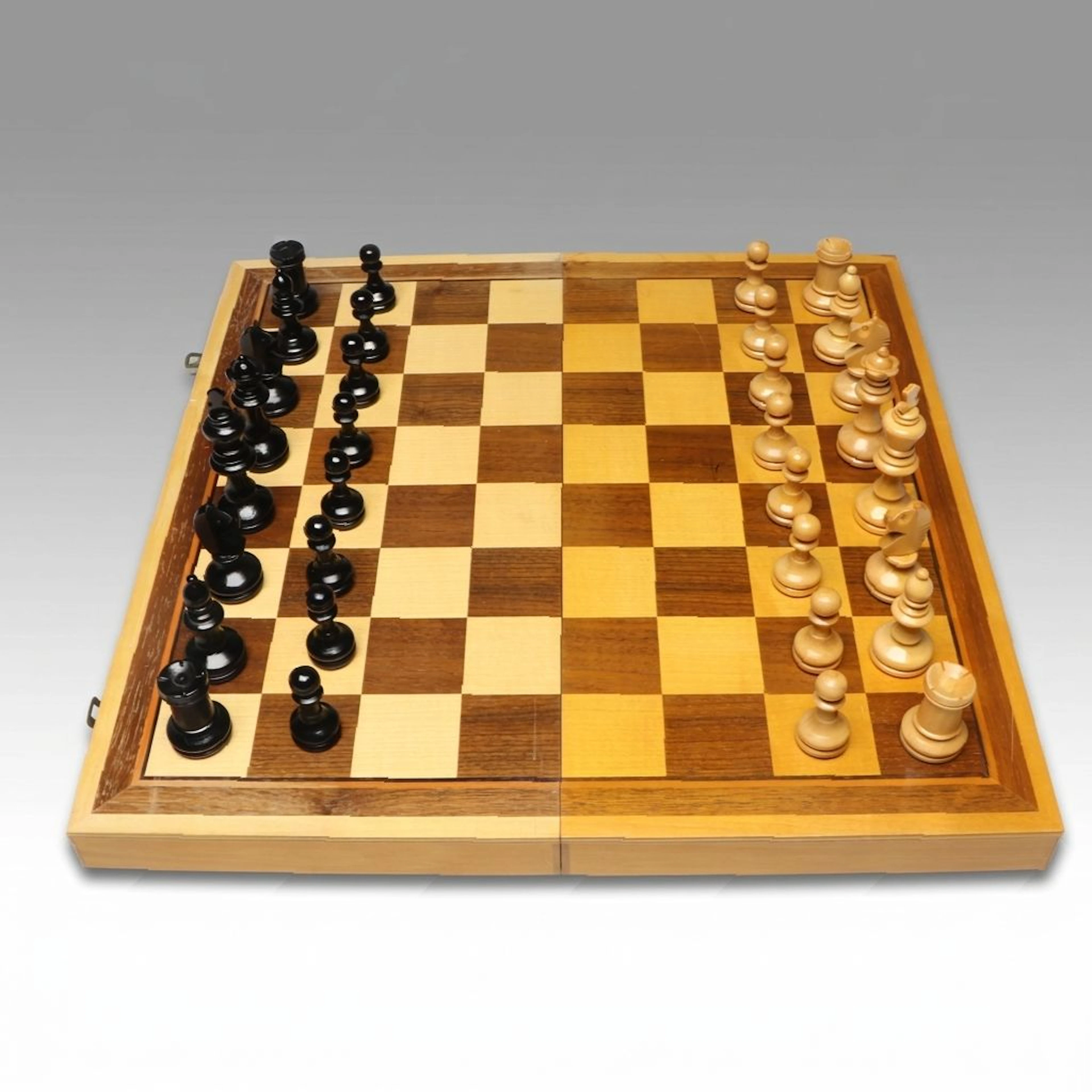 Carved Wood Portable Chess Set, Late 20th Century