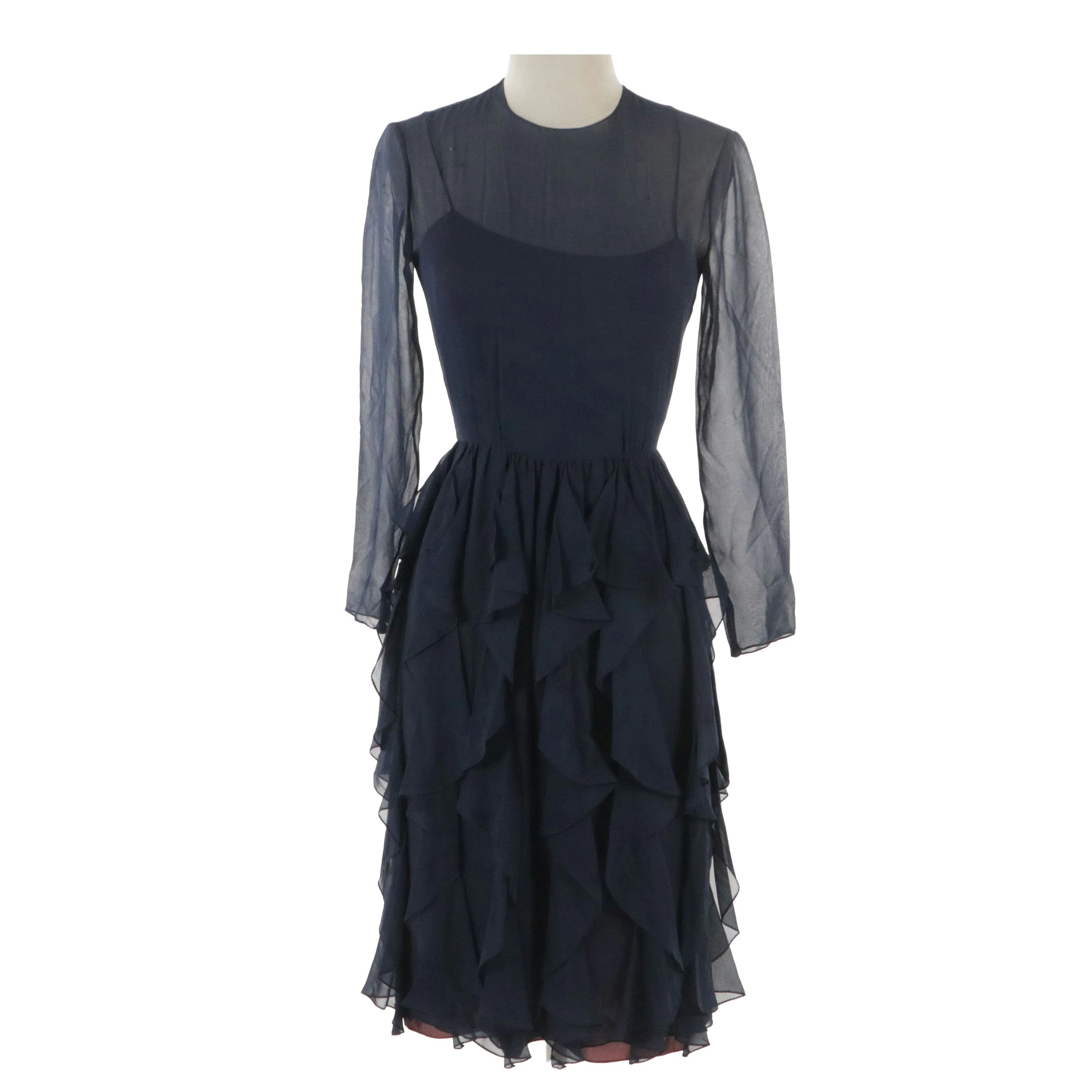 Bill Blass Ruffle Skirt Sheer Long Sleeve Cocktail Dress in Navy Blue