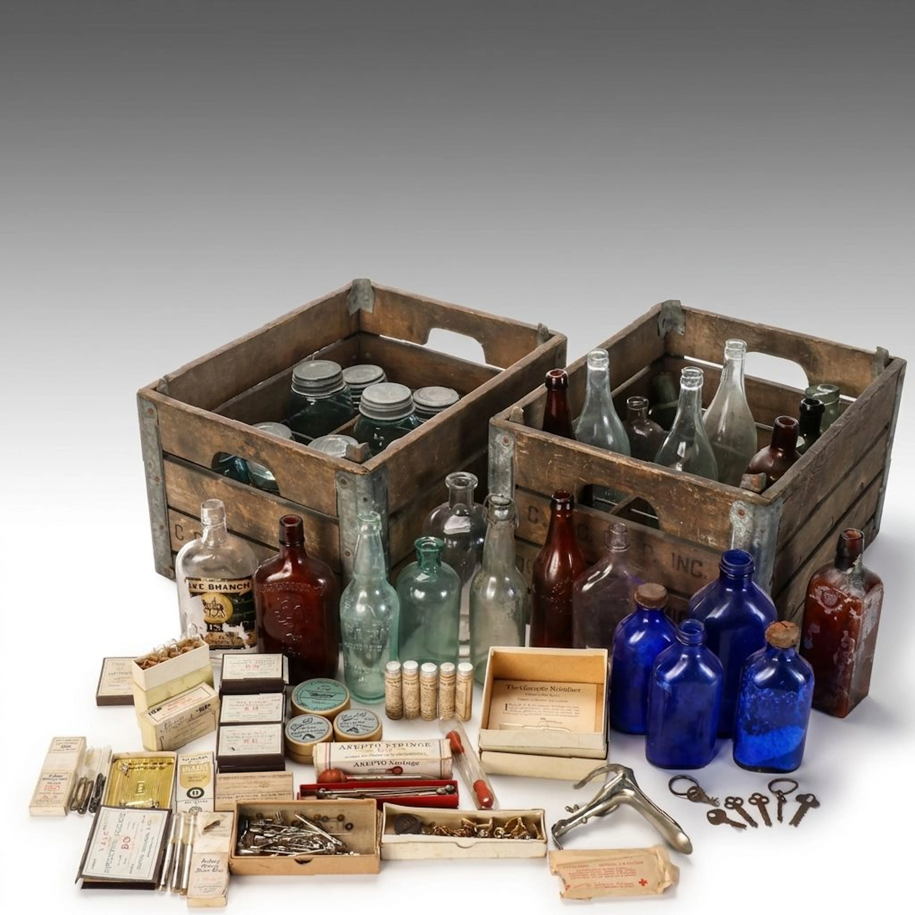 Cobalt, Amber with Other Glass Bottles, Wooden Crates and Medical Items