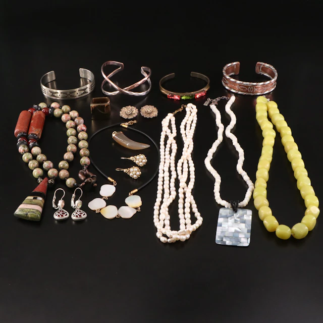Jewelry Assortment Including Sterling, Unakite, Mother-of-Pearl and Agate
