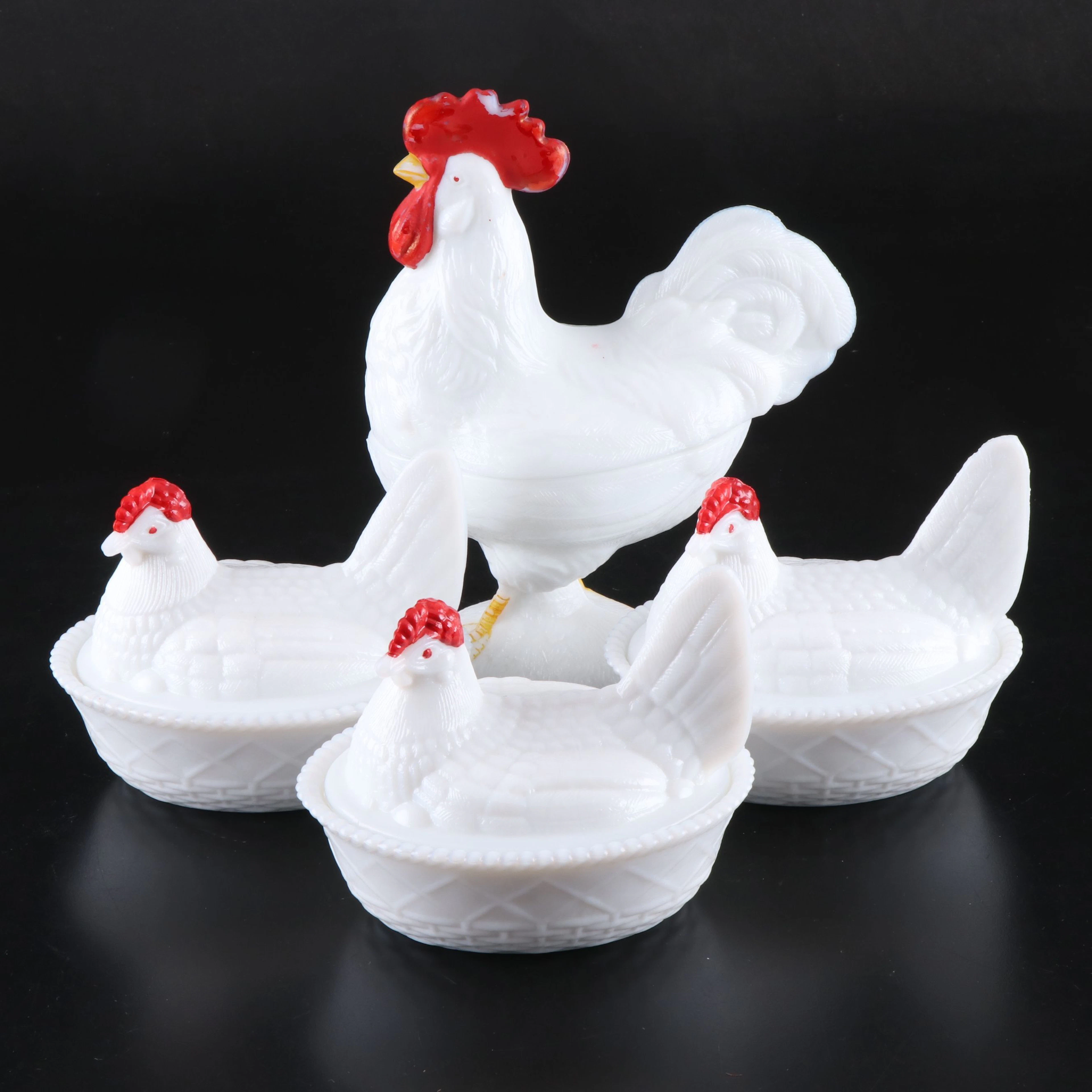 Westmoreland Glass Standing Rooster with Other Hen on Nest Candy Boxes