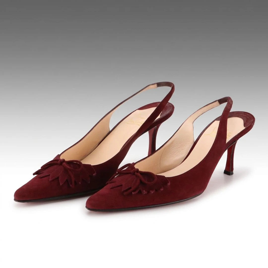 Christian Louboutin Burgundy Suede Bow and Petal Slingback Pumps