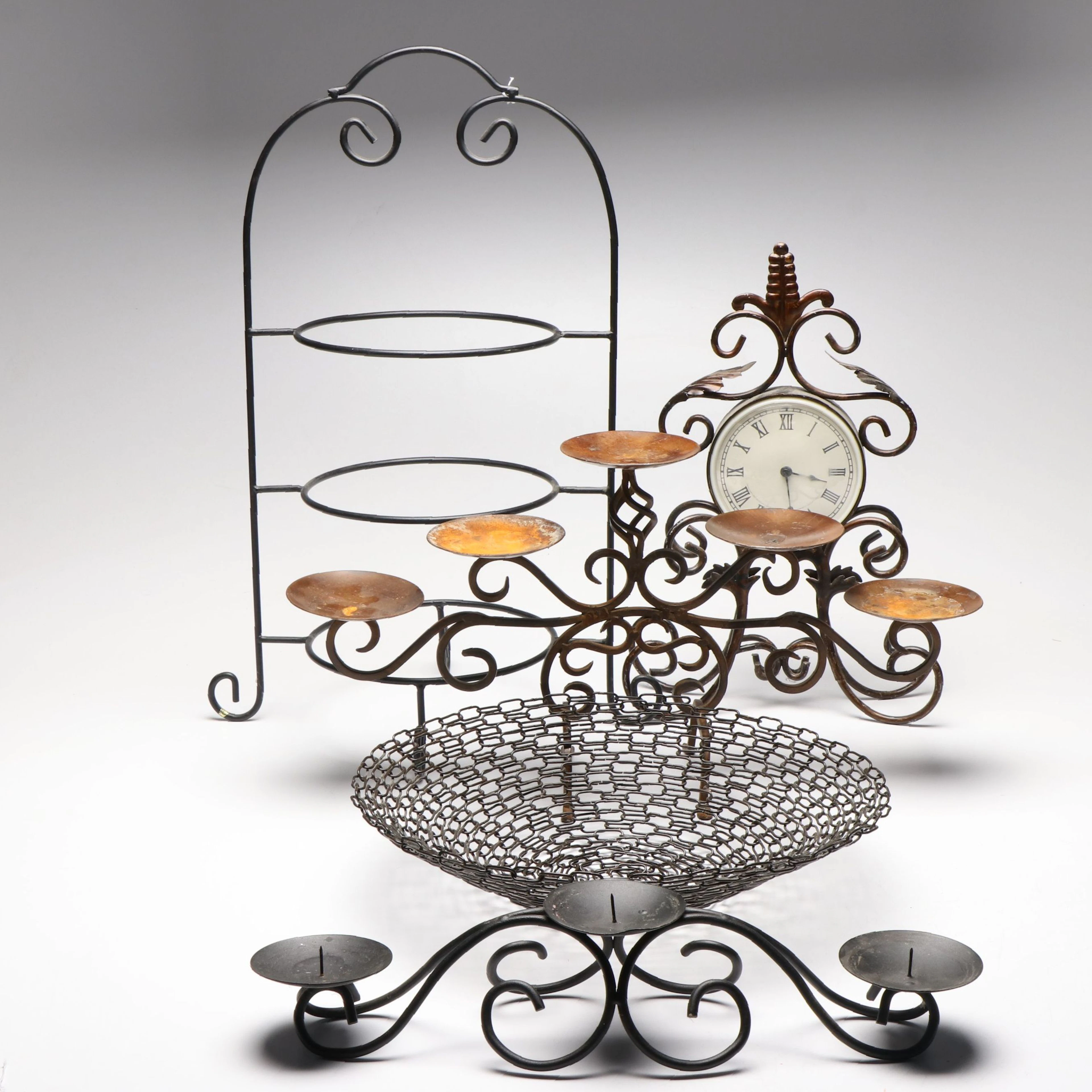 Metal Work Candle Holders, Bowl, 3-Tier Plate Rack and Clock