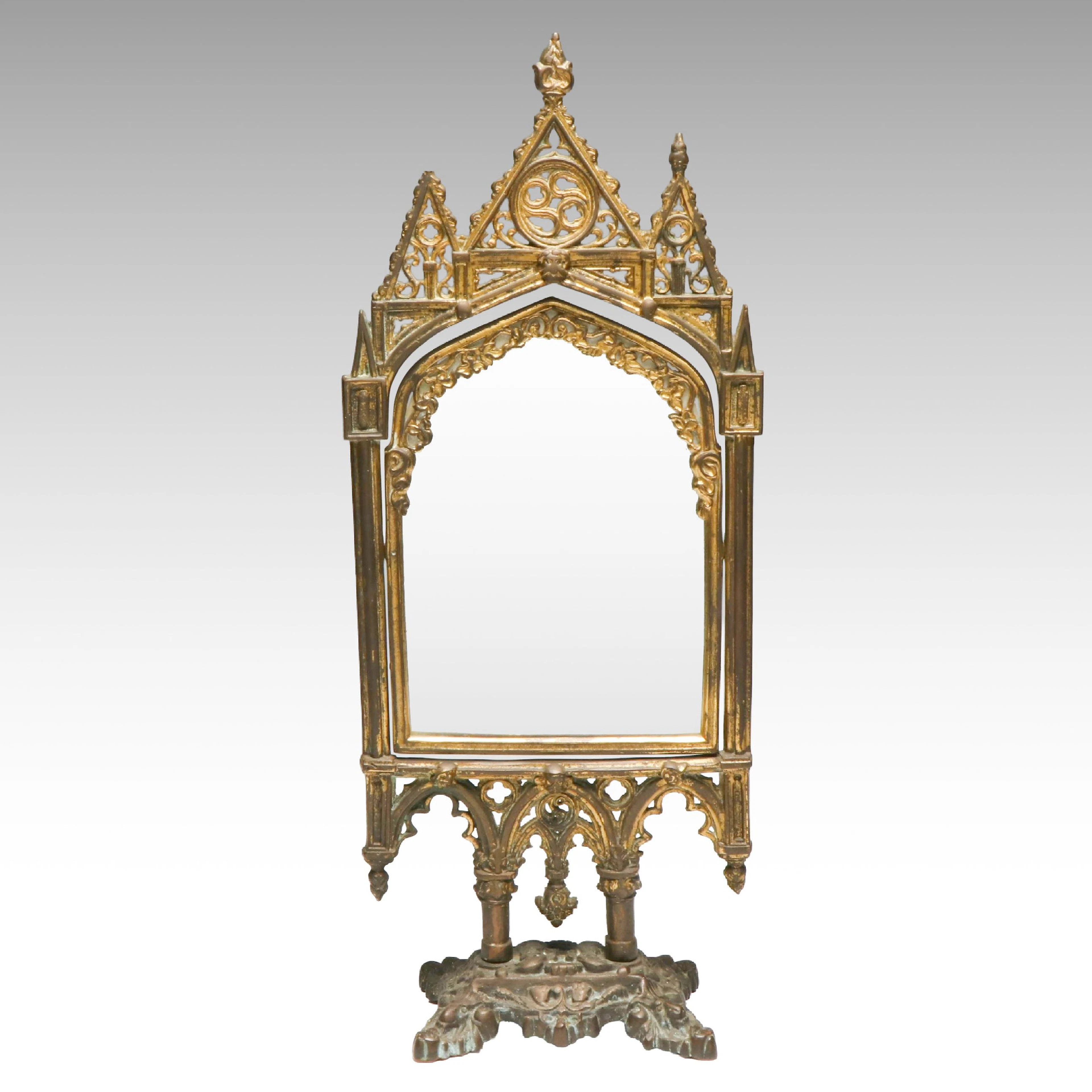 Gothic Revival Style Gilt Metal Table Mirror, 19th Century