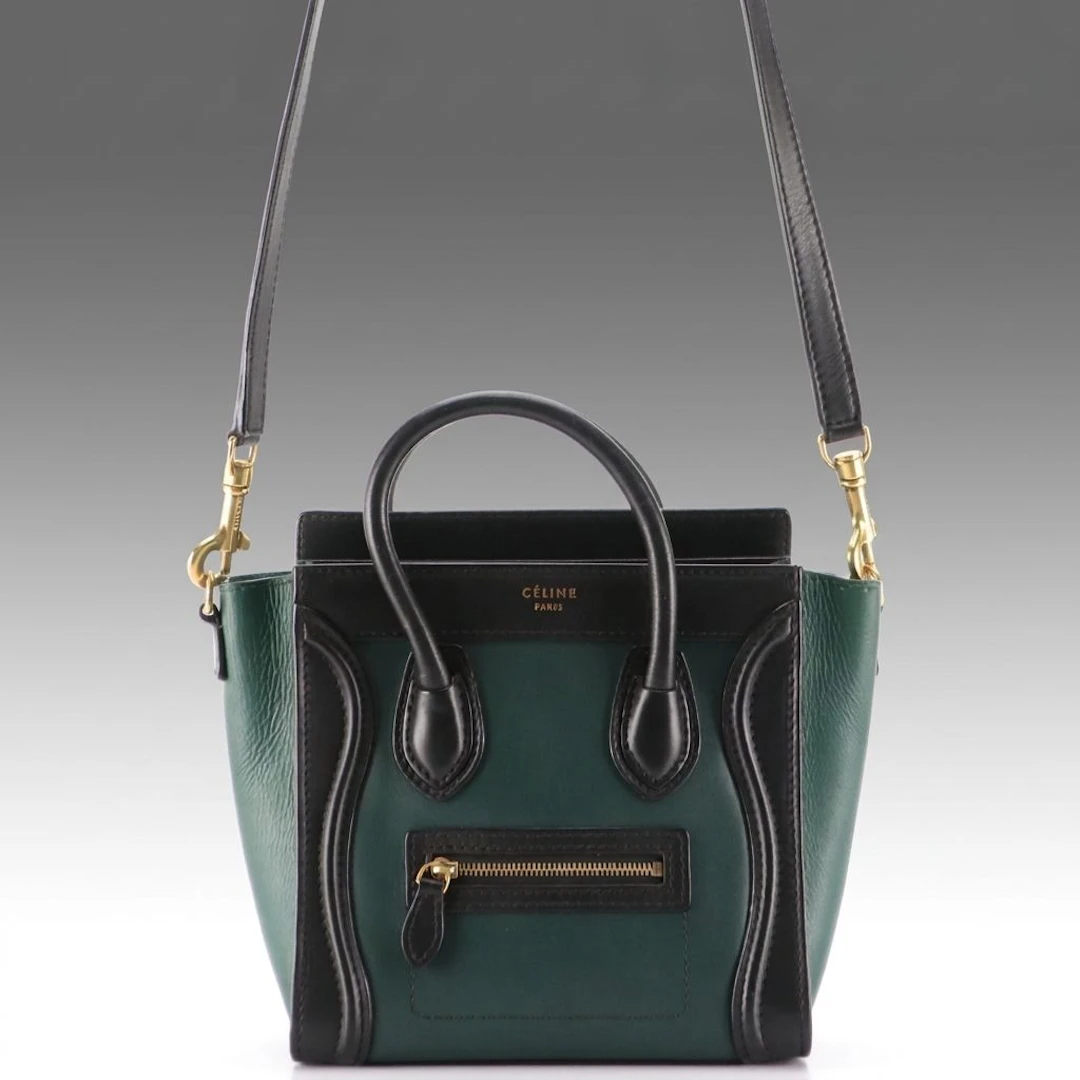 Céline Nano Luggage Two-Way Bag in Dark Green and Black Calfskin Leather