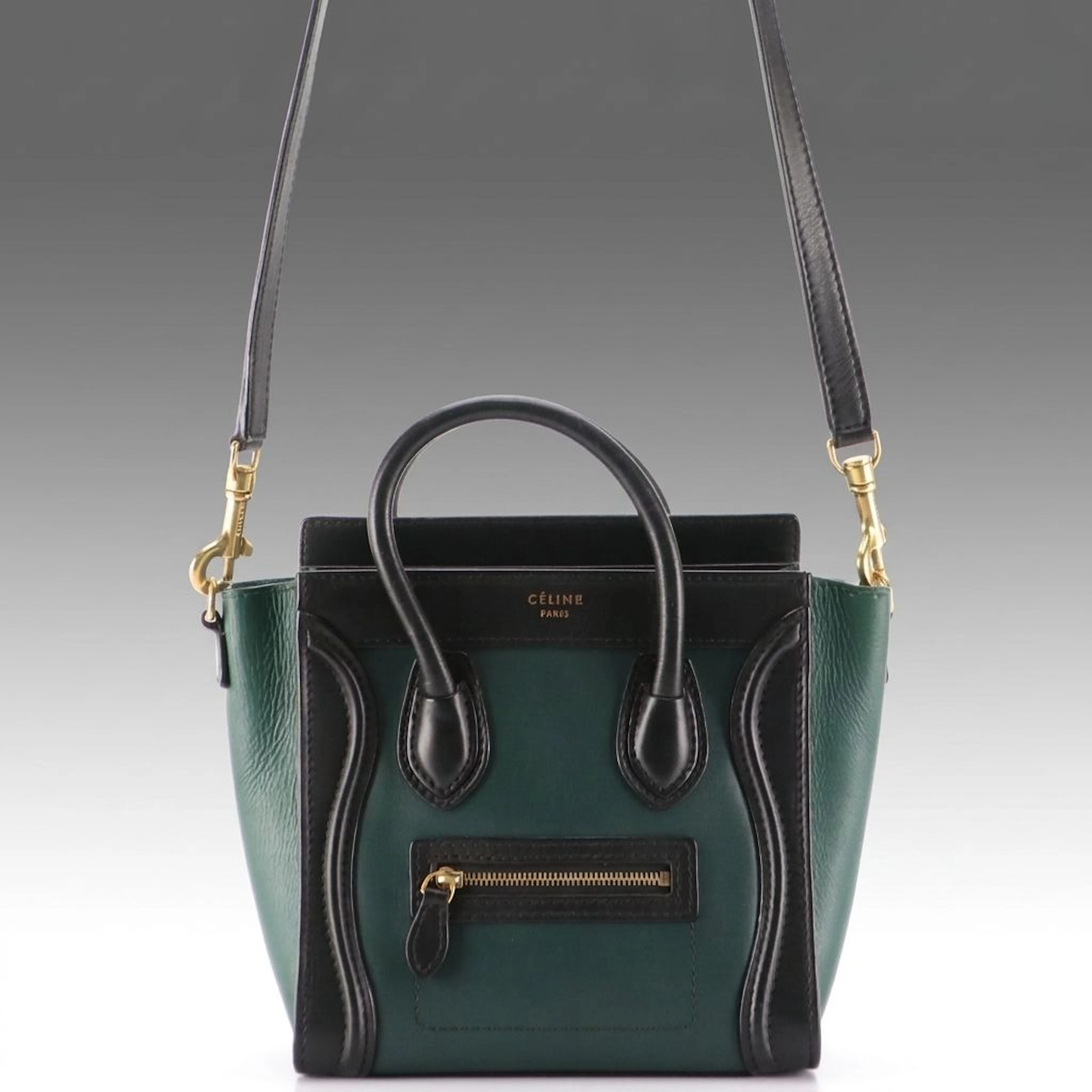 Céline Nano Luggage Two-Way Bag in Dark Green and Black Calfskin Leather