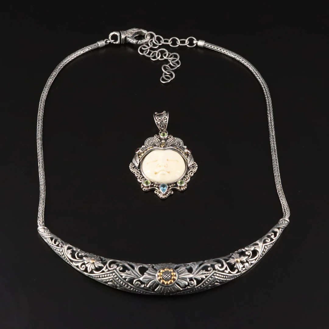 Robert Manse Sterling Necklace and Bone Pendant with 18K and Gemstone Accents