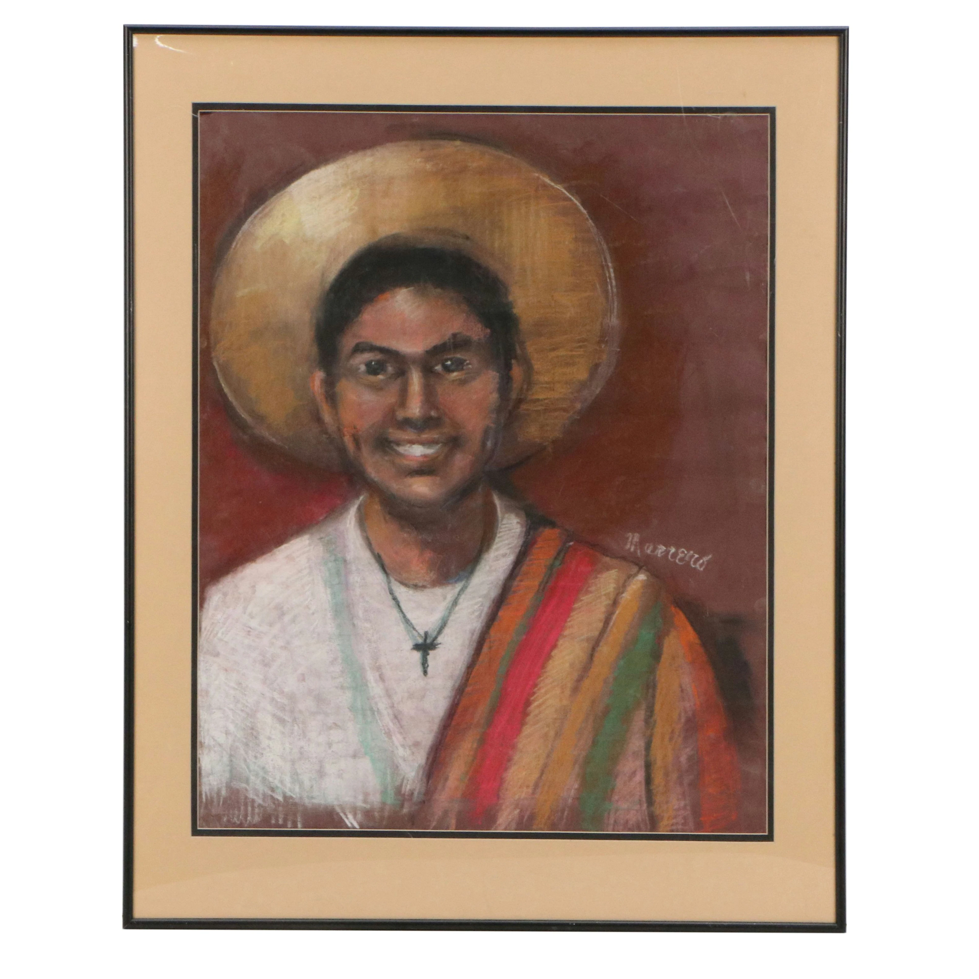 Edith Susarret Marrero Pastel Portrait Drawing of Man in Sombrero