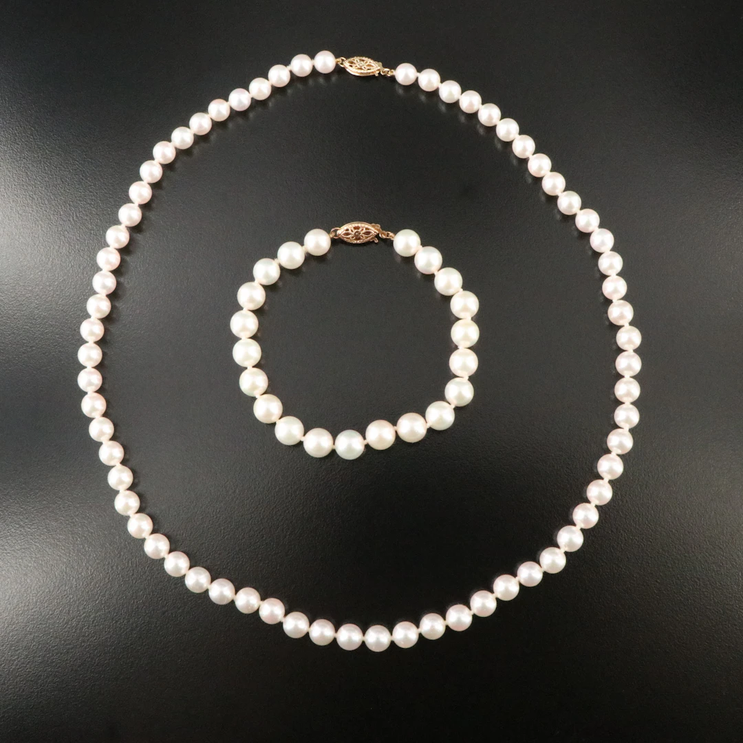 14K Pearl Necklace and Bracelet Set