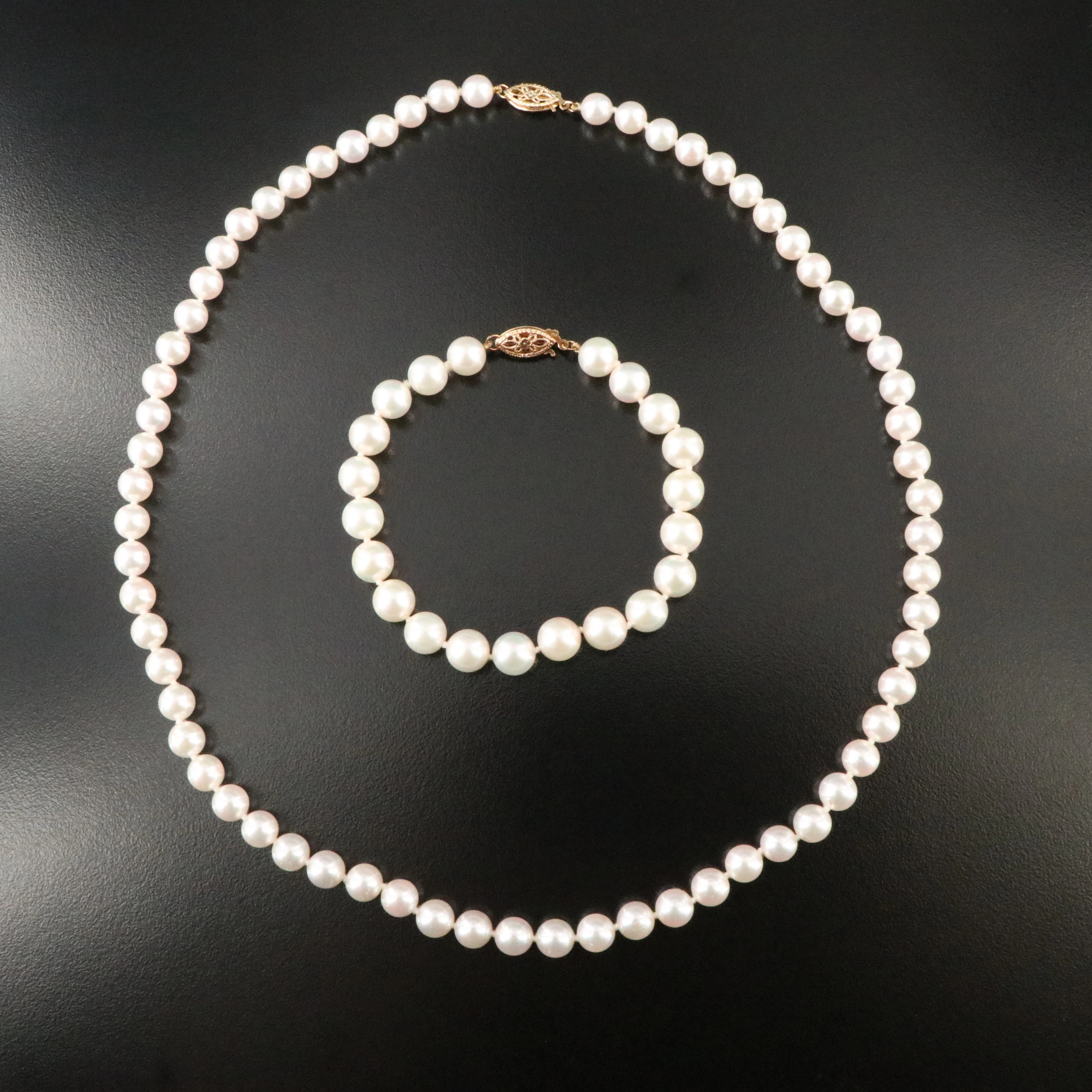 14K Pearl Necklace and Bracelet Set