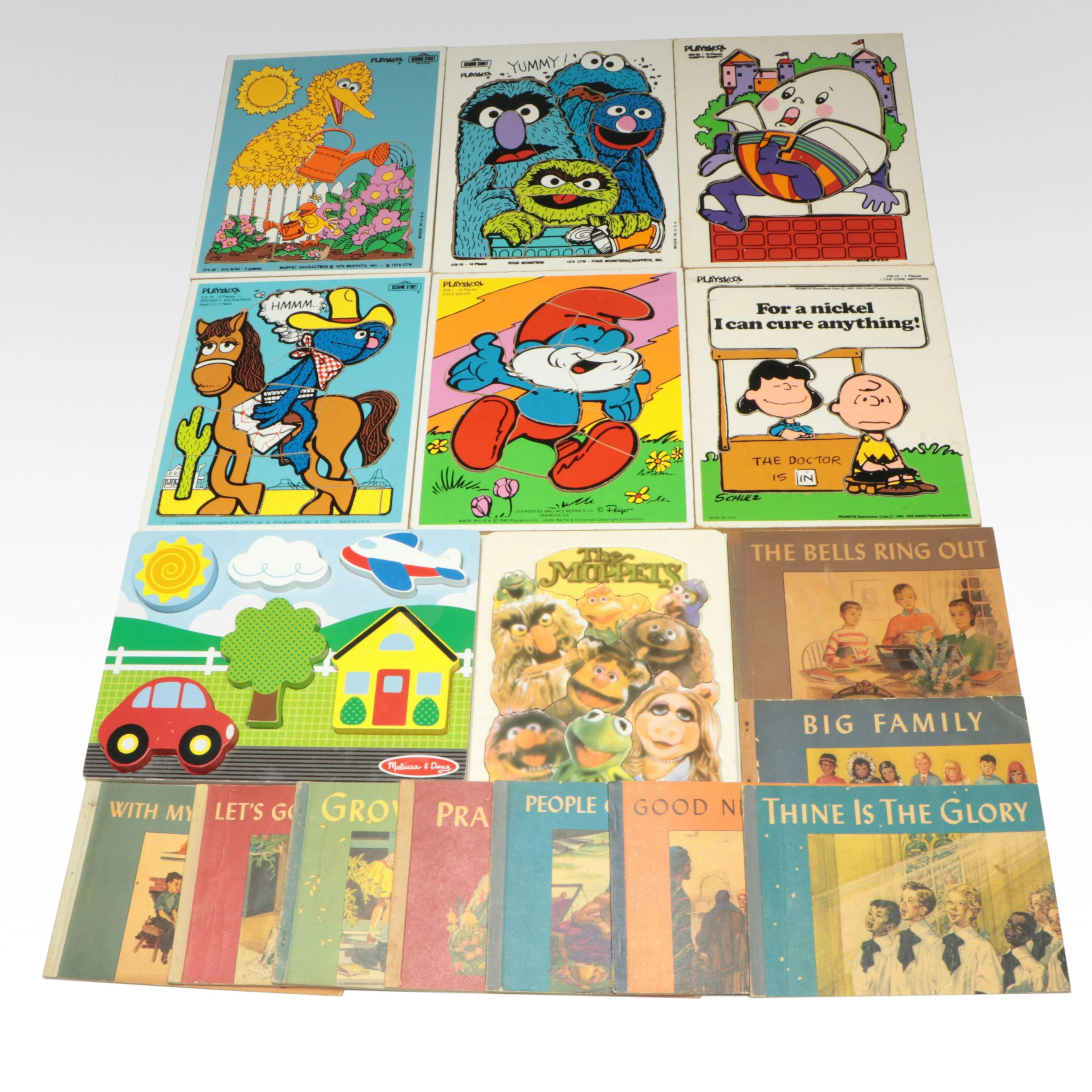 Playskool Muppets, Peanuts and More Wood Puzzles with Books, Vintage