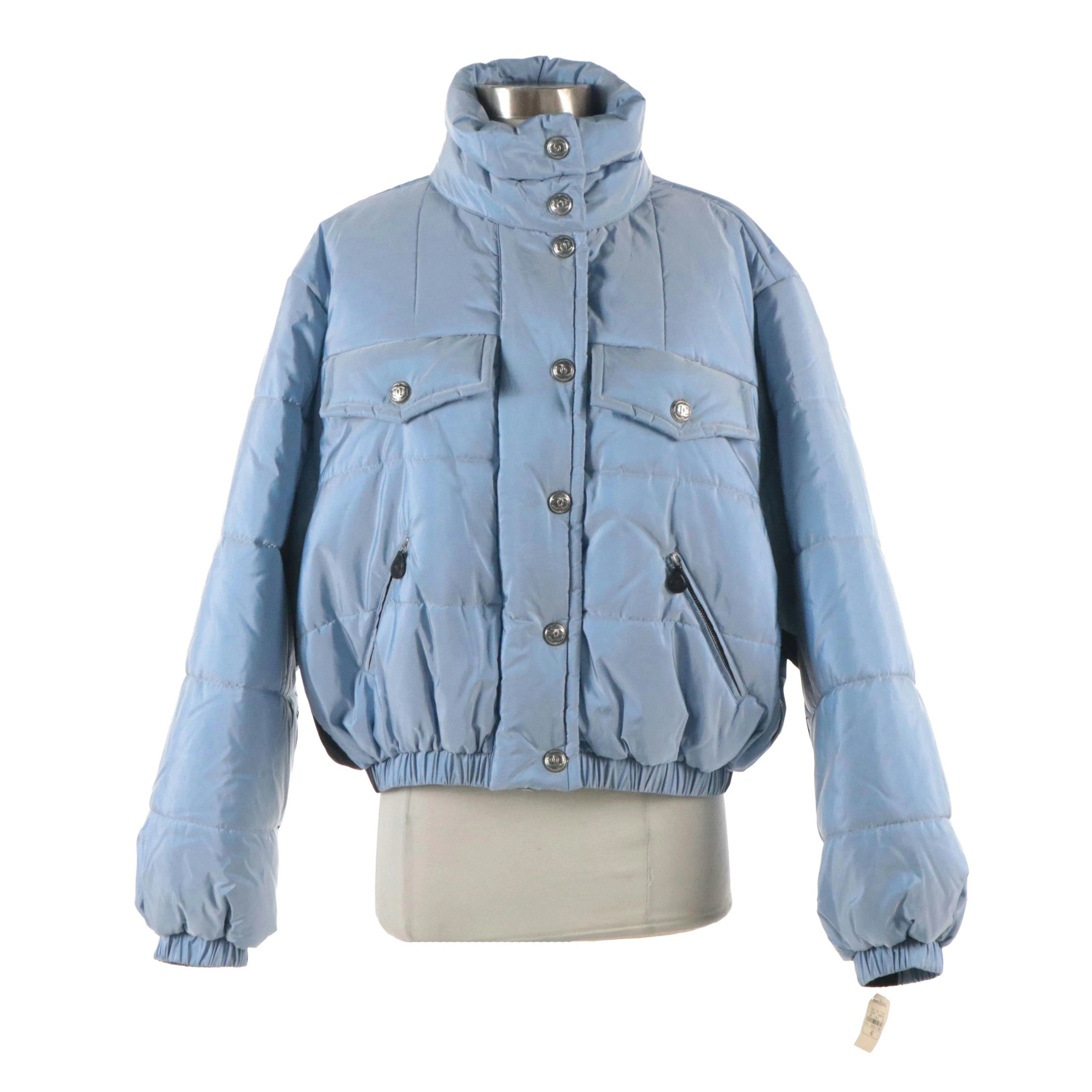 Chanel Blue Iridescent Silk CC Snap Front Puffer Jacket, With Tag