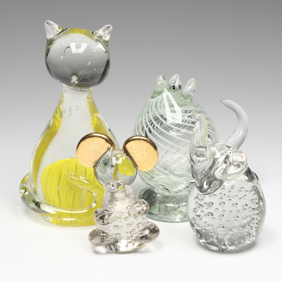 Art Glass Cat, Mouse and Elephant Paperweight Figurines
