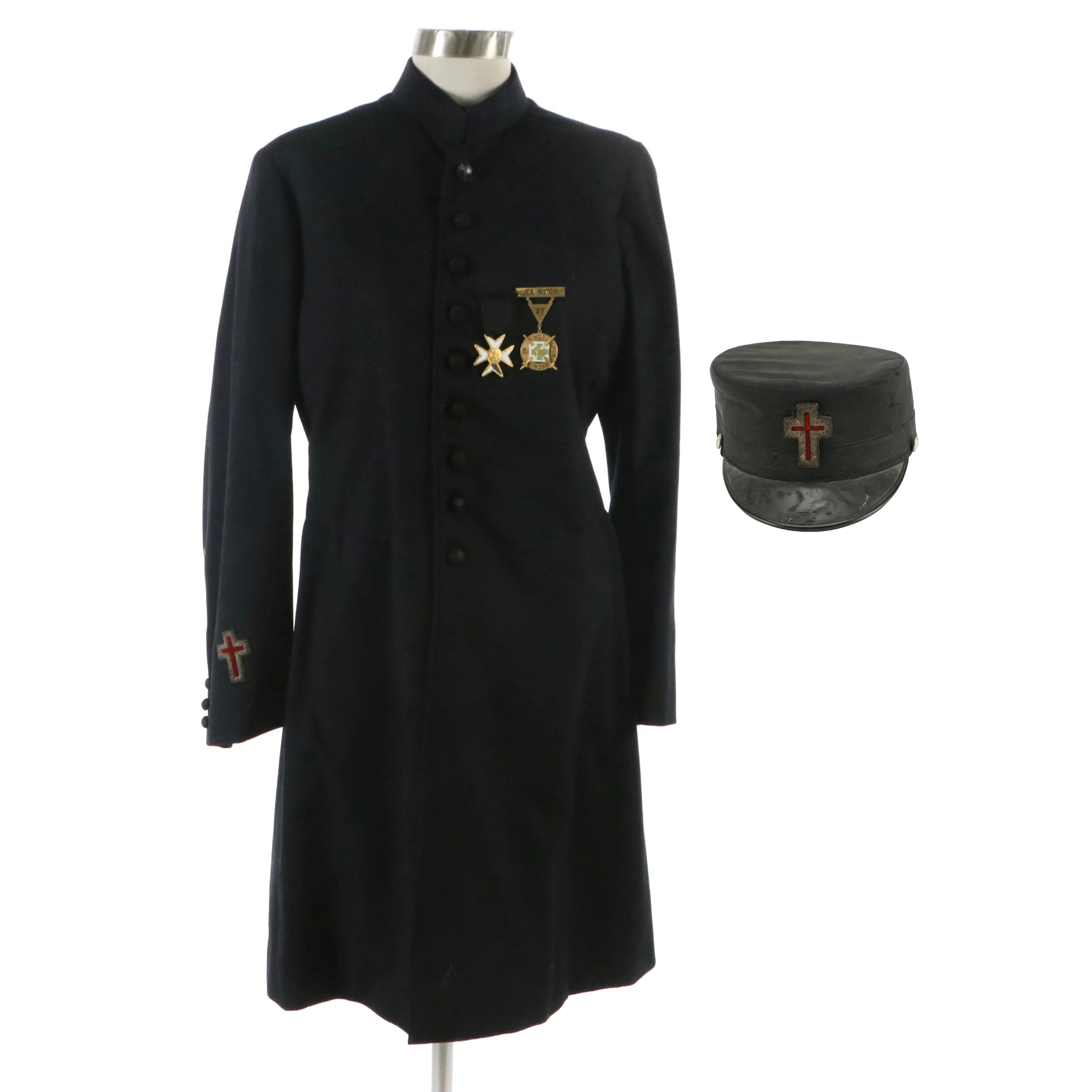 Masonic Knights Templar Black Wool Coat and Cap, Vintage