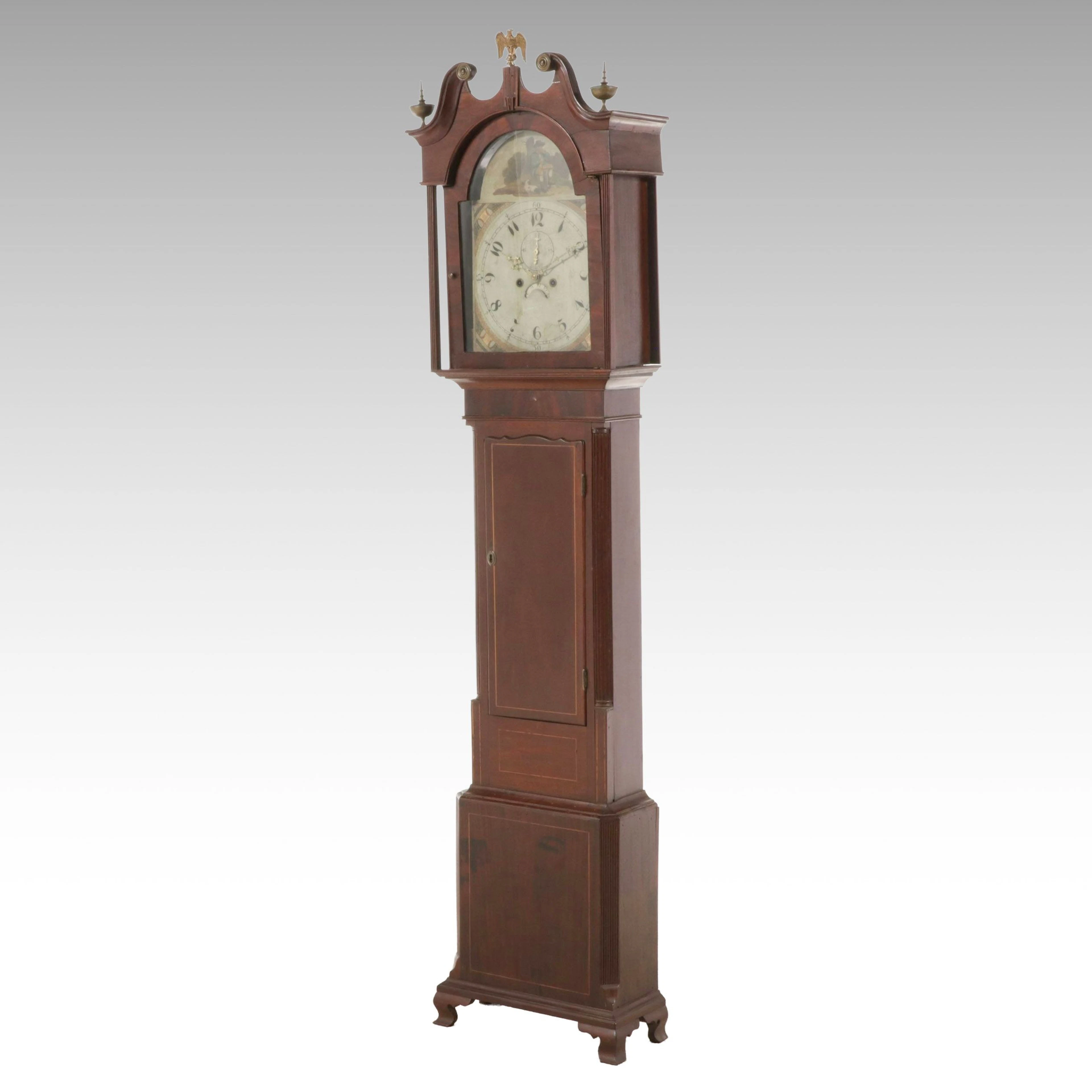 Georgian String Inlaid Mahogany Grandfather Clock with Hand-Painted Dial