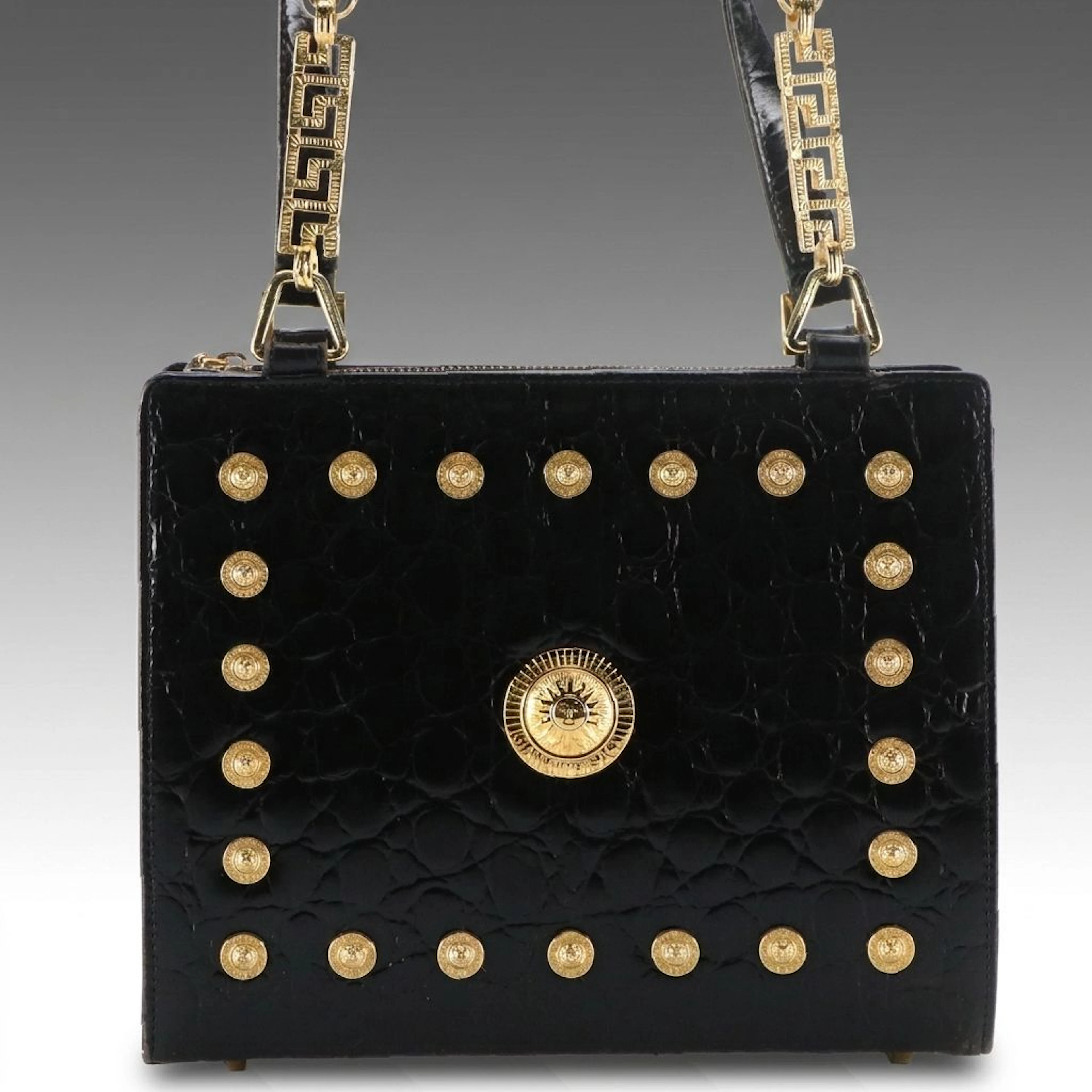 Gianni Versace Black Croc-Embossed Leather Sun Face Medallion Shoulder Bag