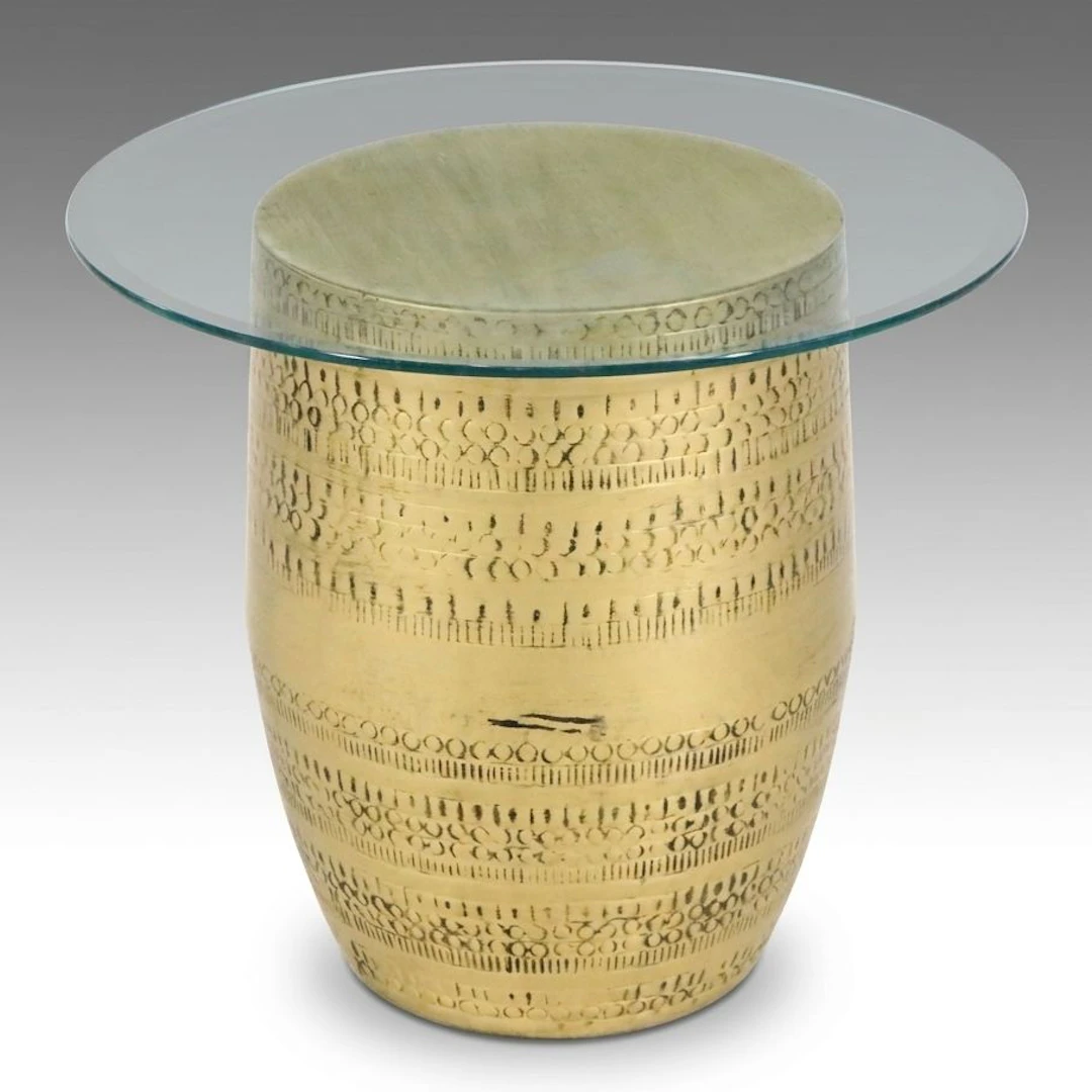Contemporary Hammered Metal Drum Table with Glass Top, 21st Century