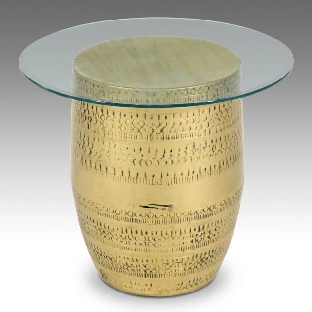 Contemporary Hammered Metal Drum Table with Glass Top, 21st Century