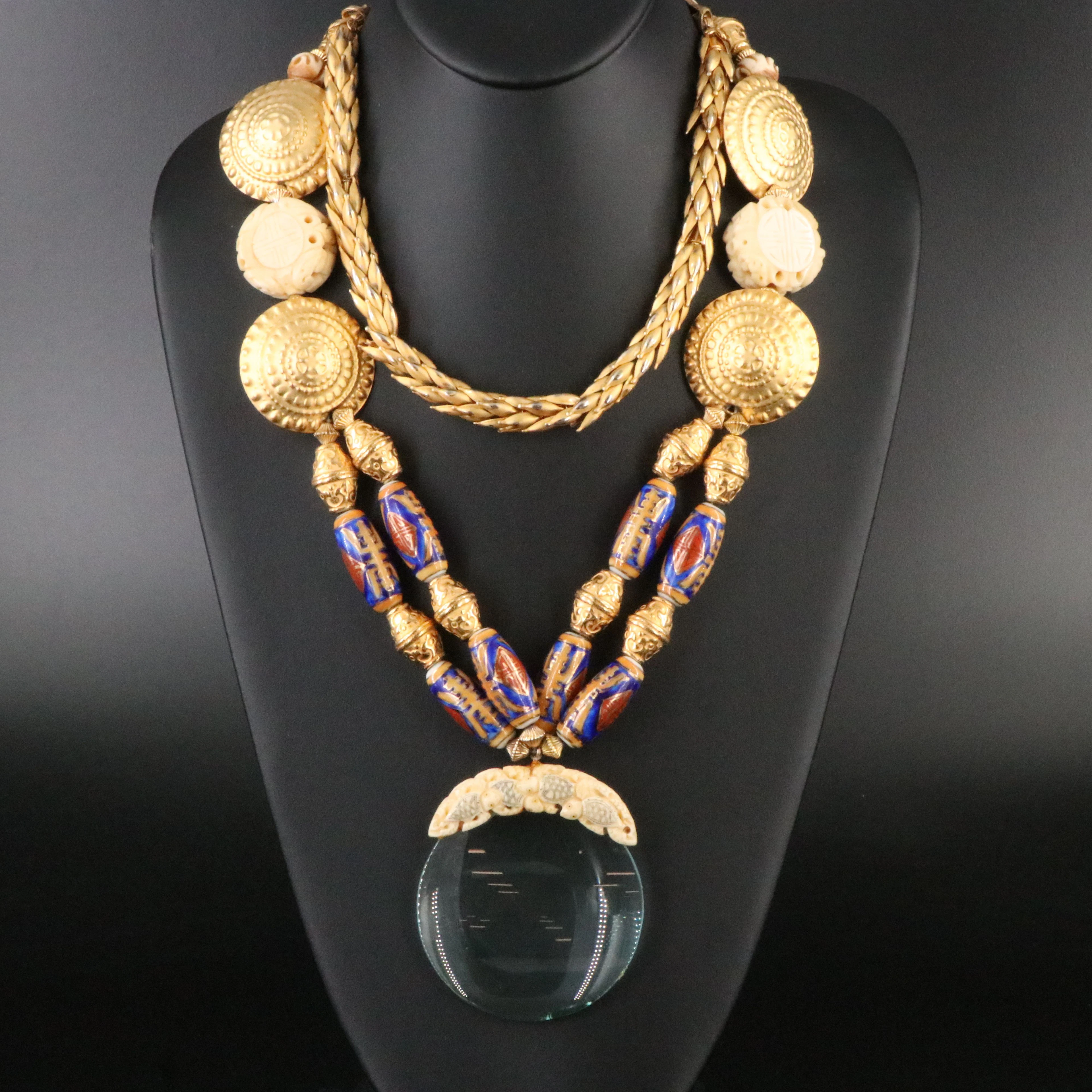 Wheat Grain & Chinese Porcelain Bead & Carved Bone Magnifying Glass Necklaces