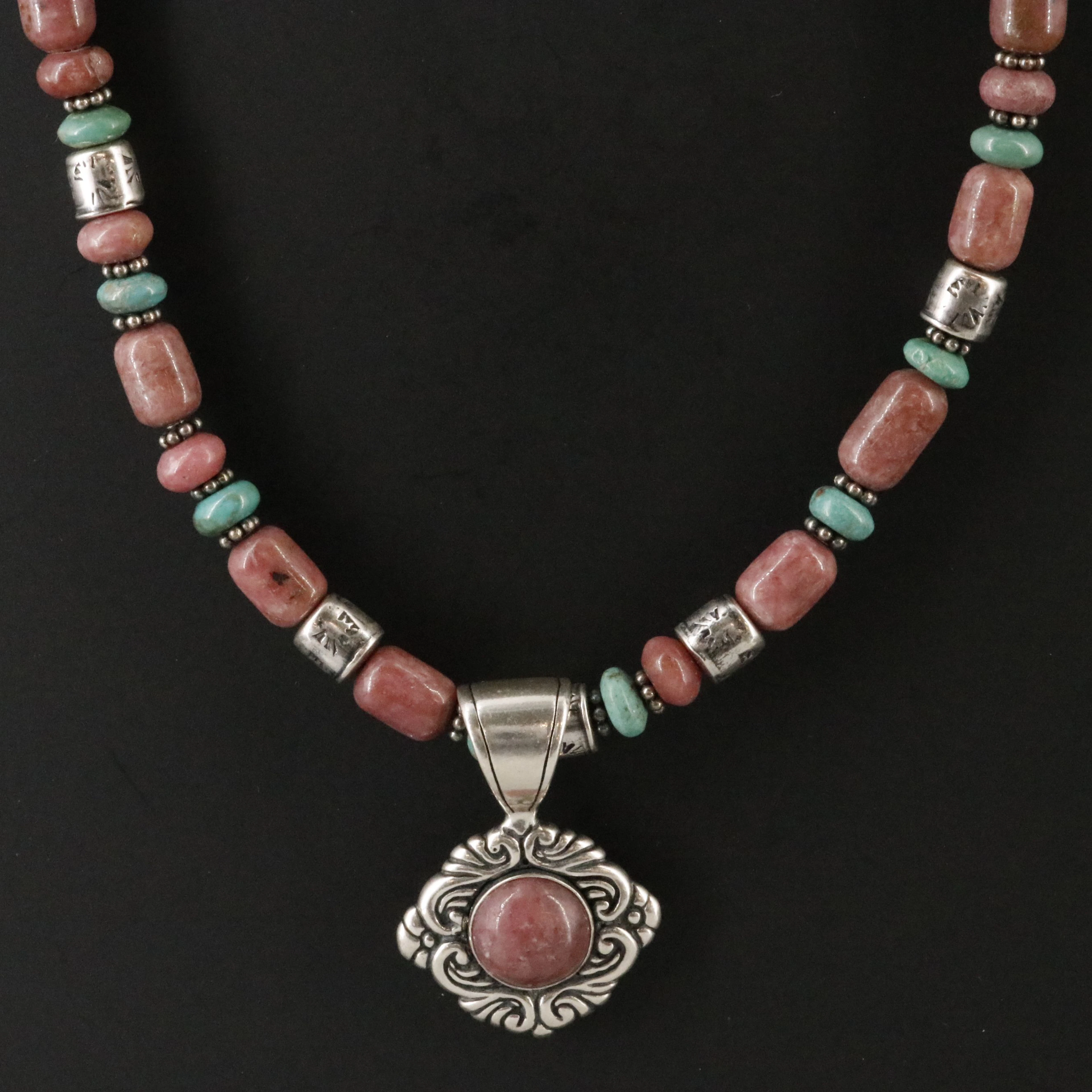 Sterling Rhodonite and Turquoise Pendant Necklace