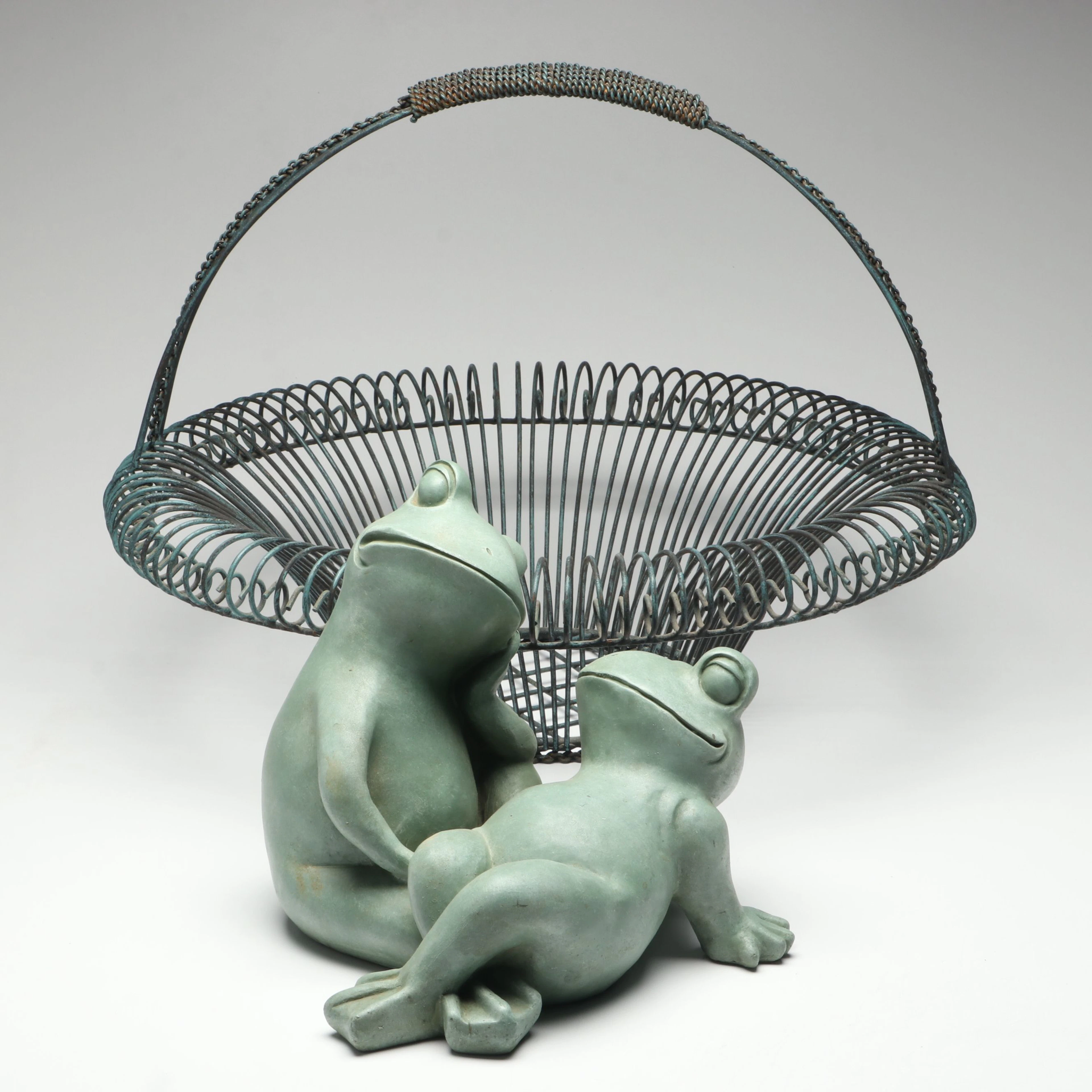 Patinated Metal Basket with Frog Garden Sculpture