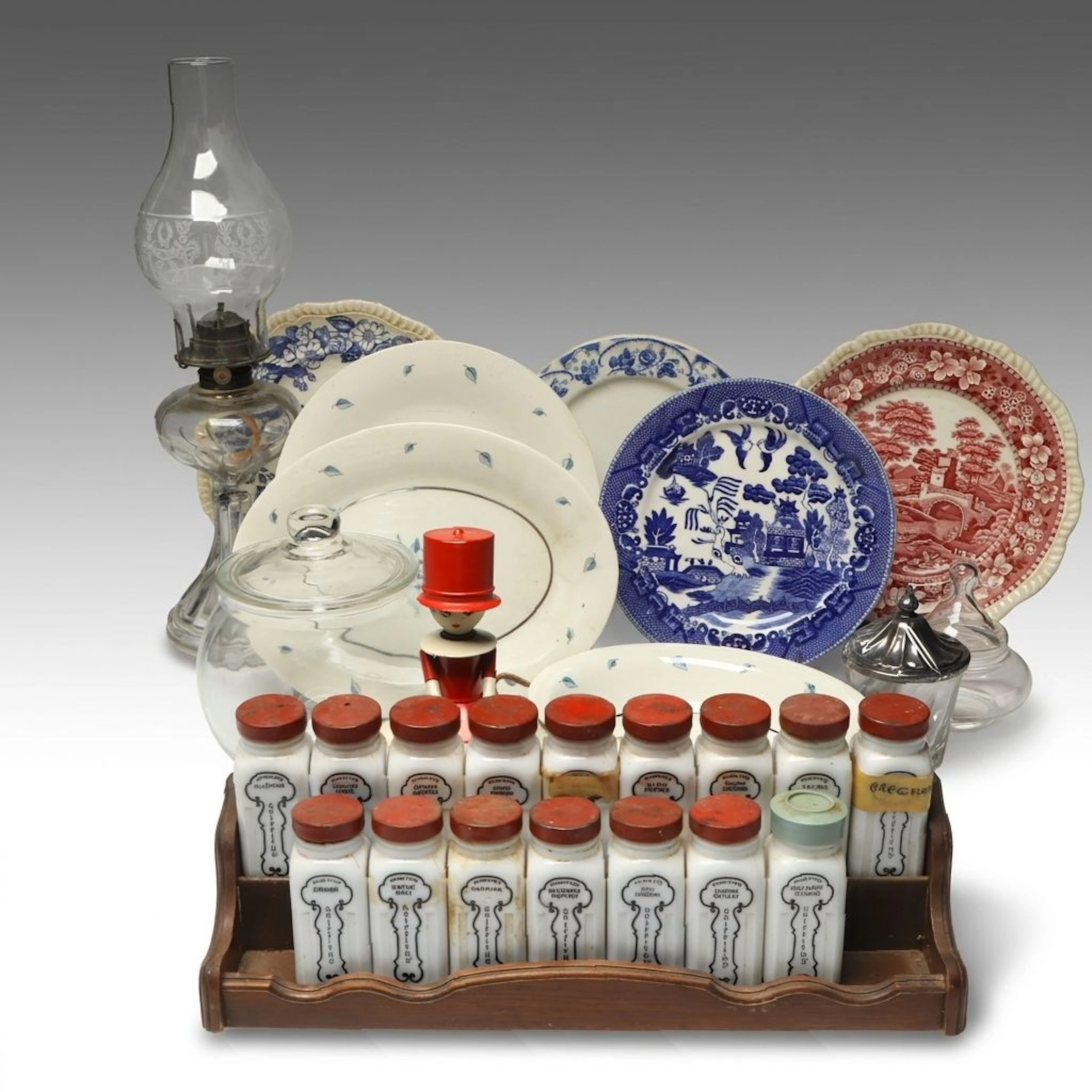Griffith's Milk Glass Spice Jars with Wooden Rack and Other Decor, 20th Century