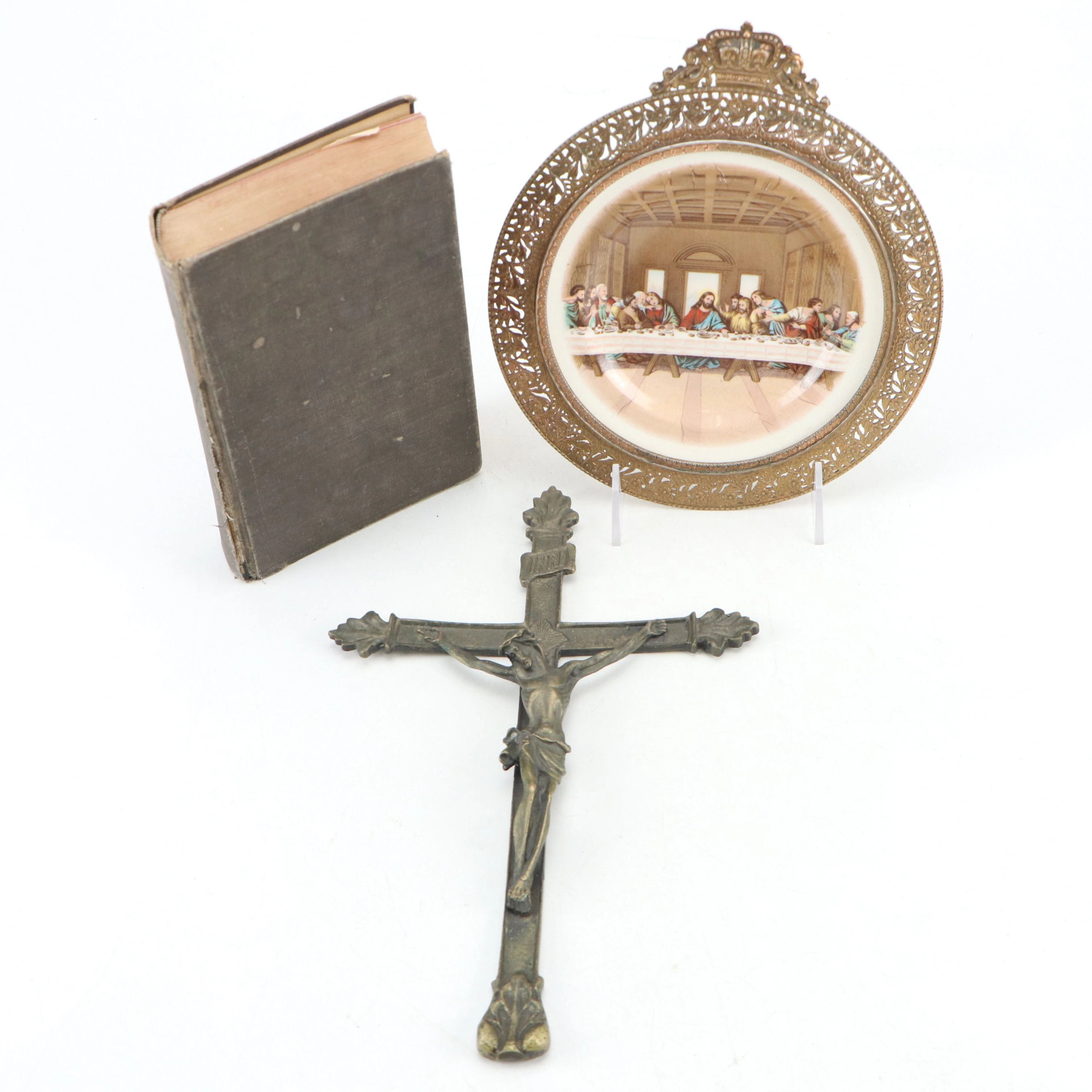 "The Holy Bible" with Brass Crucifix and "Last Supper" Ceramic Plate