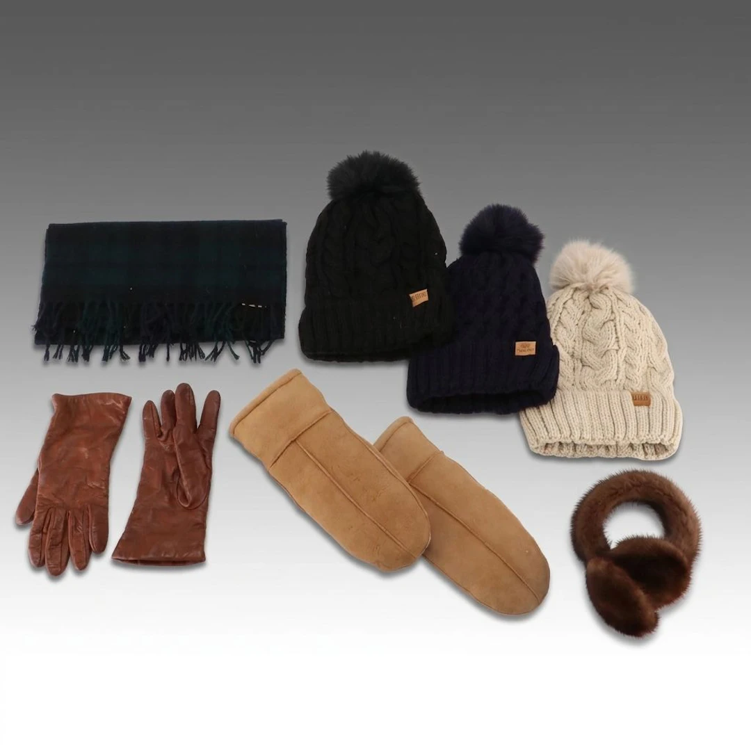 Mink Fur Earmuffs, Scottish Cashmere Muffler Scarf, Knit Beanies, and Gloves