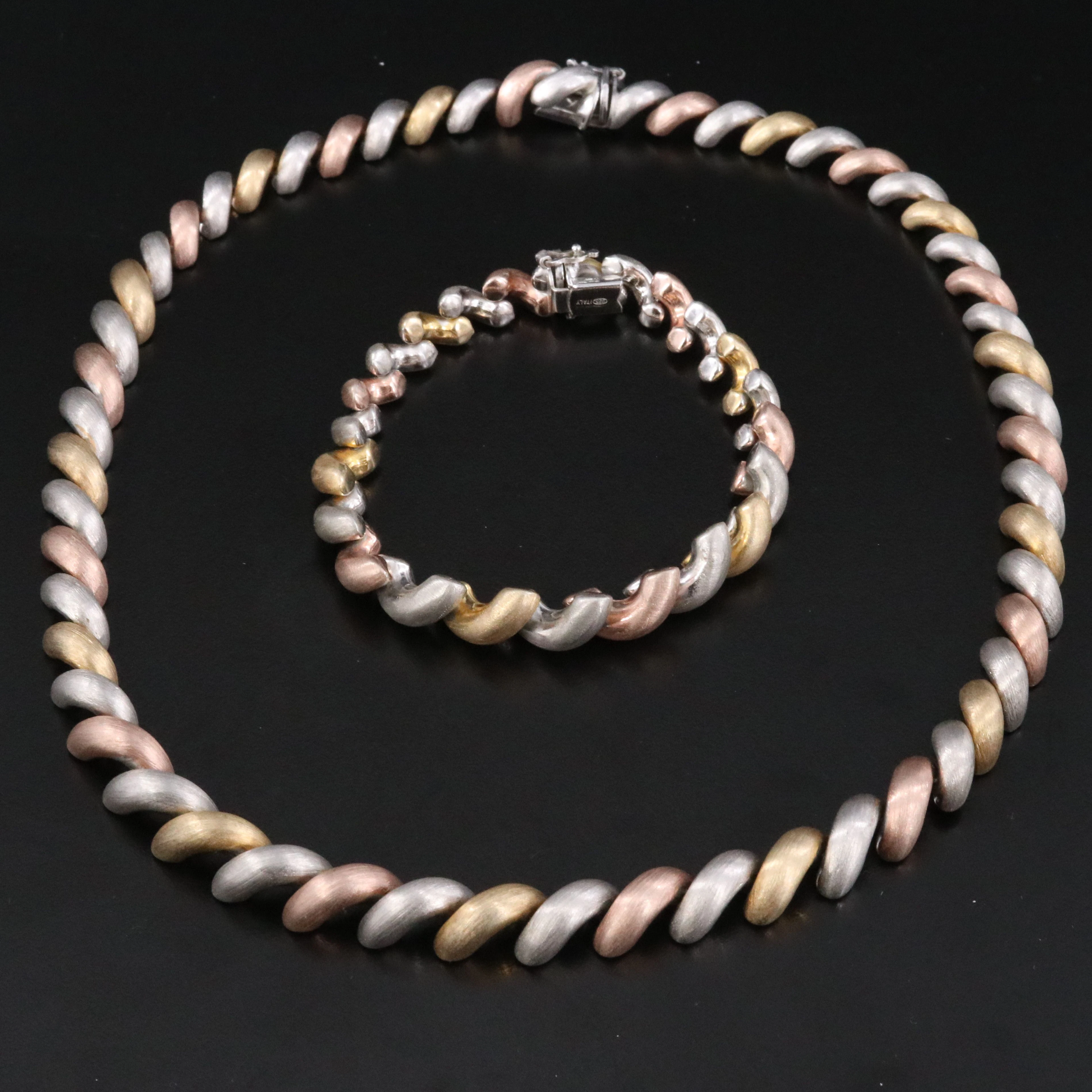 Sterling Tri-Color San Marco Necklace and Bracelet Set with Brushed Finish