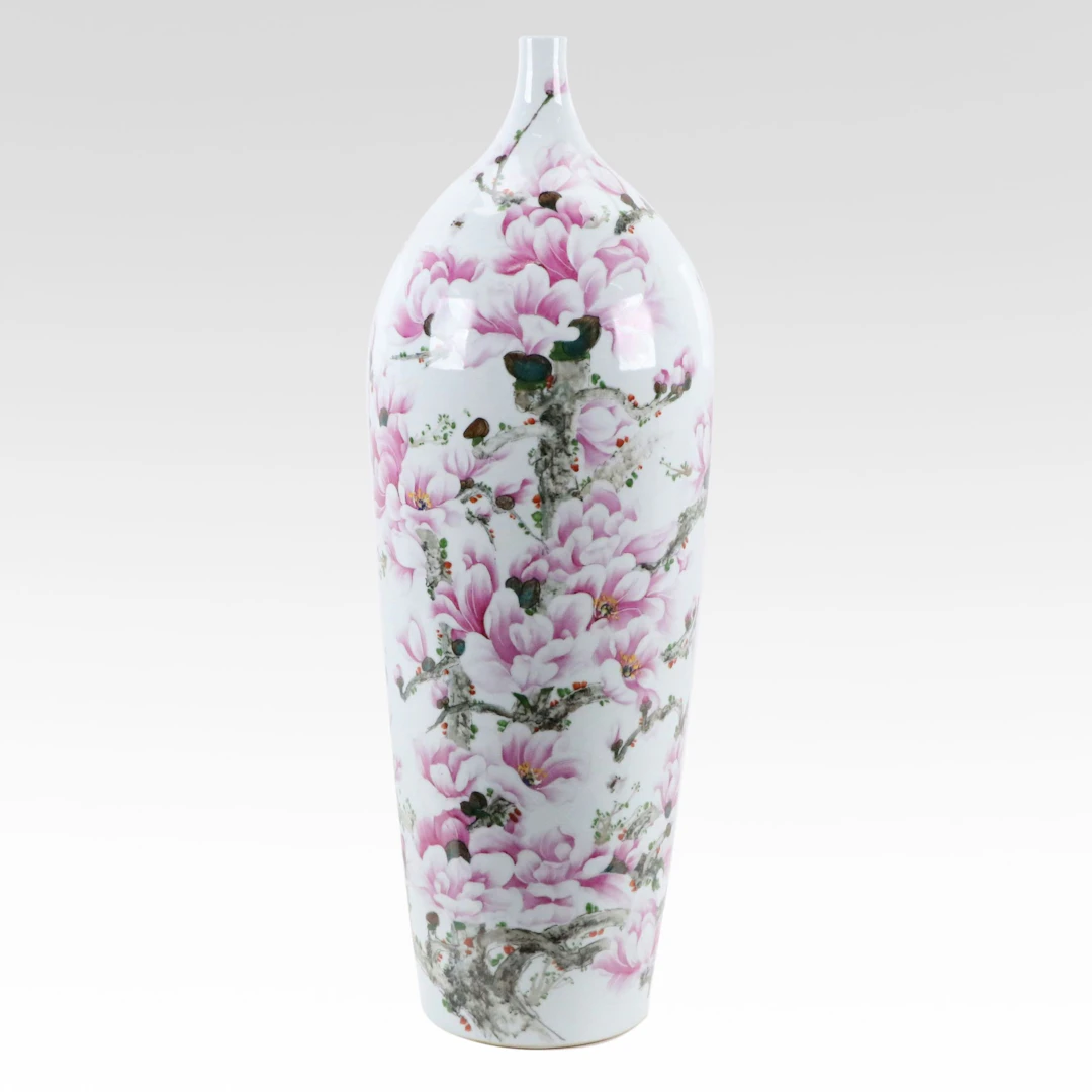 Large Chinese Hand-Painted Porcelain Magnolia Bottle Vase