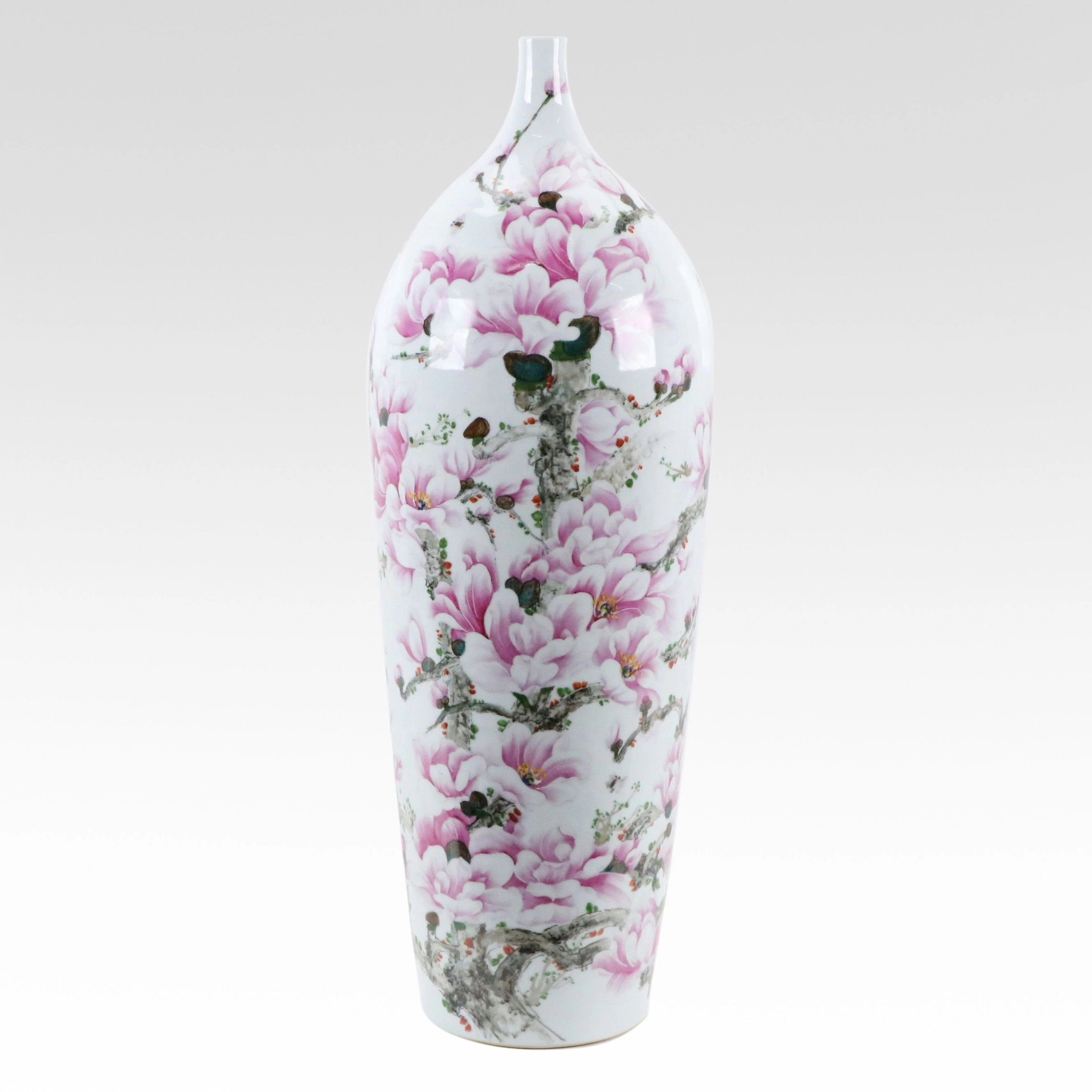 Large Chinese Hand-Painted Porcelain Magnolia Bottle Vase