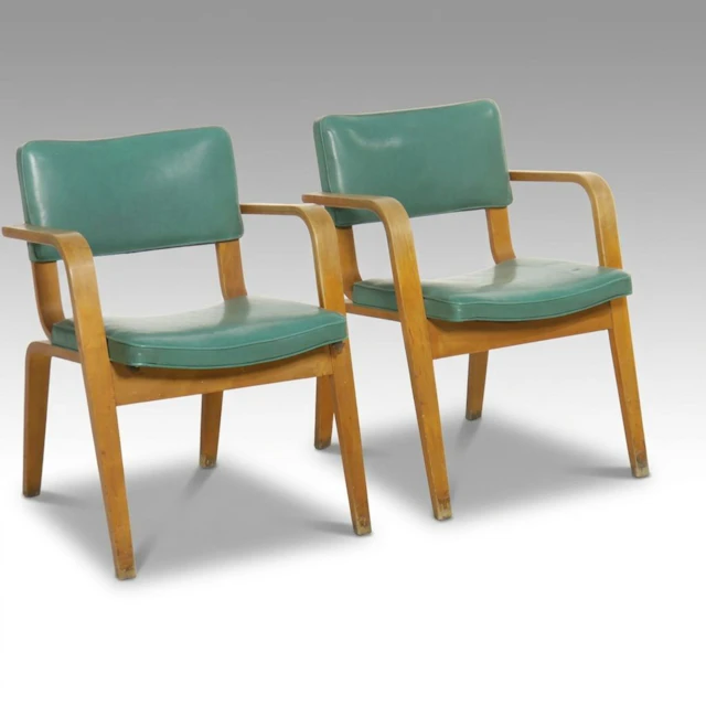Thonet Mid Century Modern Bentwood Armchairs with Faux Leather Upholstery, Pair
