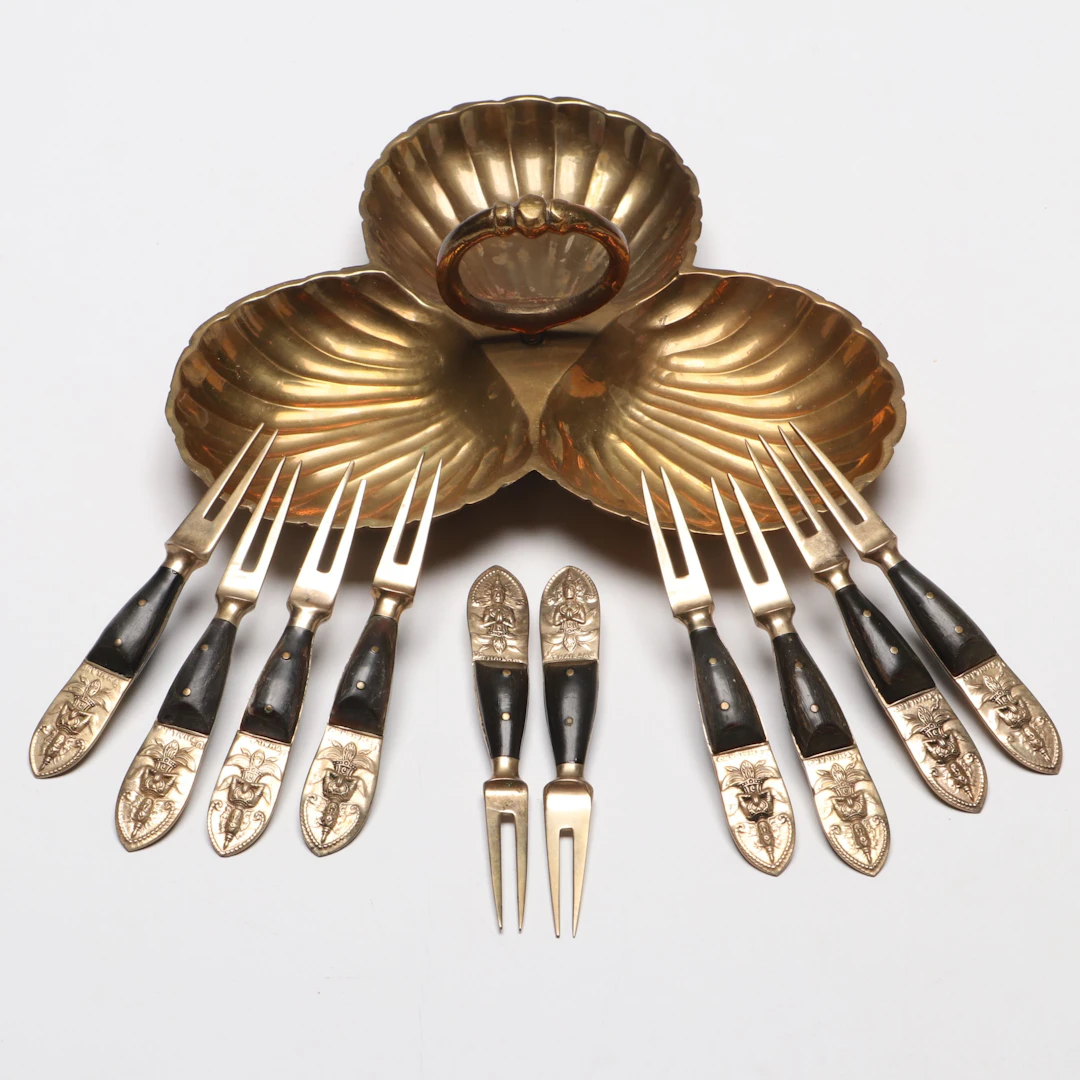 Thai Style Buddha Cocktail Forks with Brass Shell Serving Dish