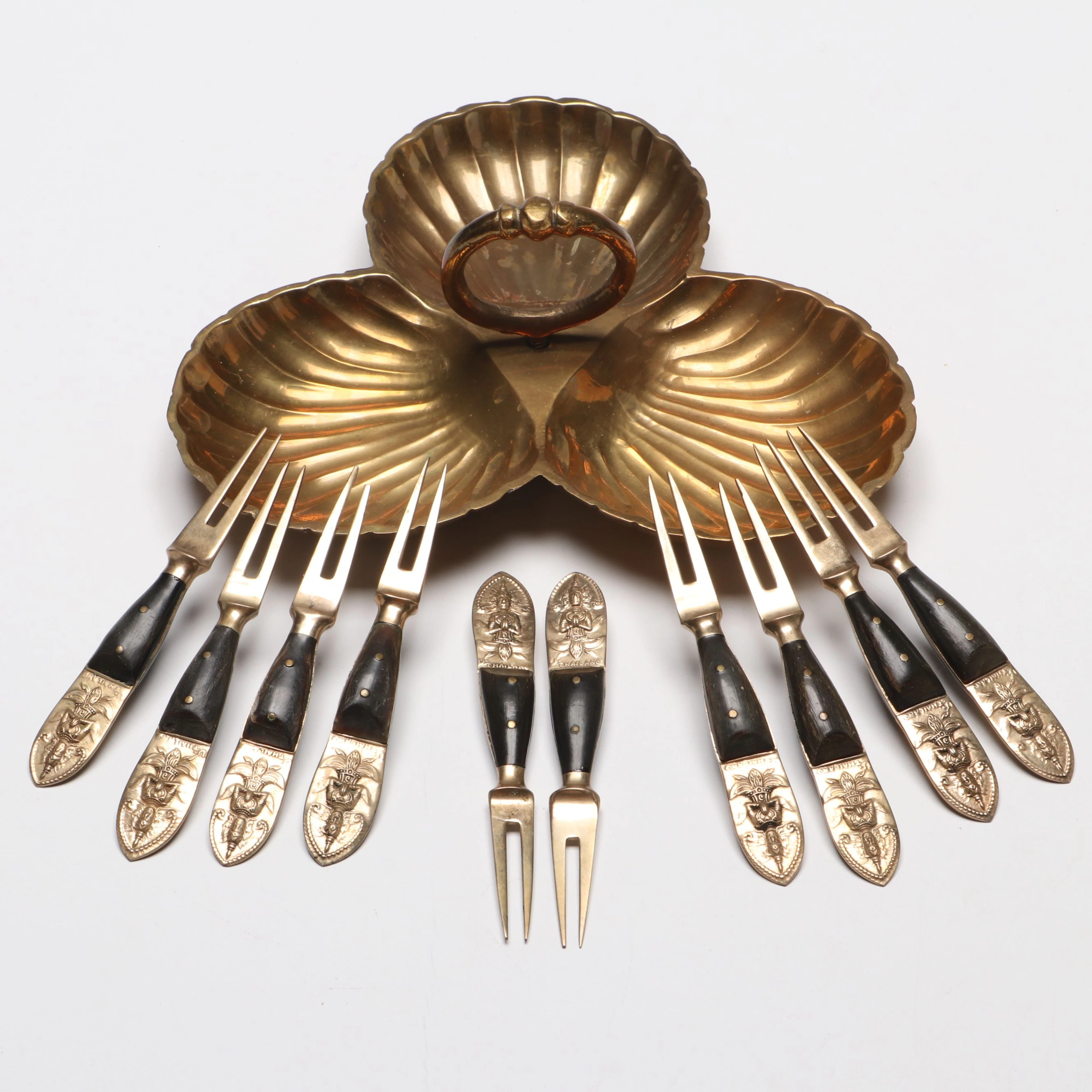Thai Style Buddha Cocktail Forks with Brass Shell Serving Dish
