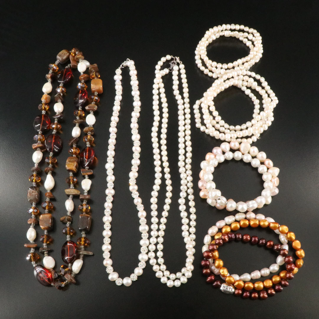 Pearl, Tiger's Eye and Sterling Featured in Necklace and Bracelet Selection