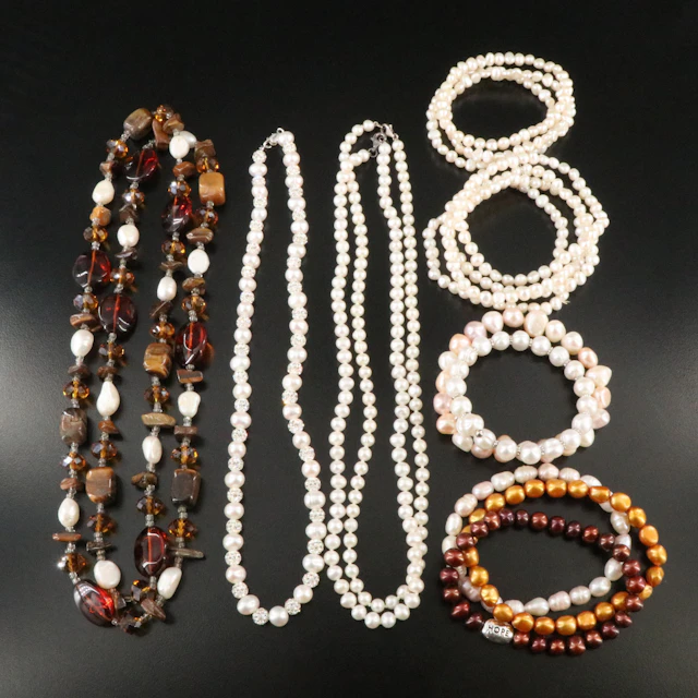 Pearl, Tiger's Eye and Sterling Featured in Necklace and Bracelet Selection