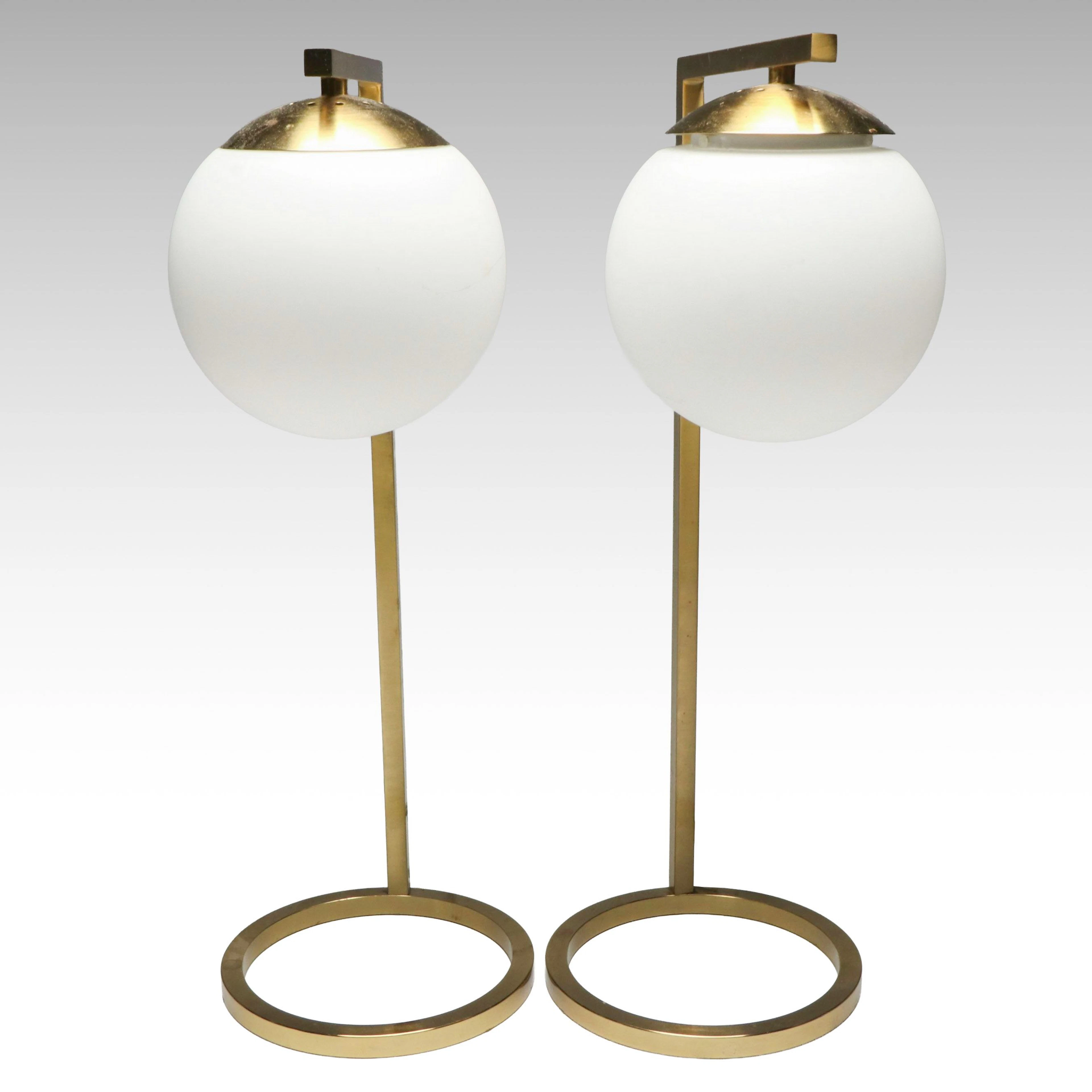 Pair of Brass and Frosted Glass Globe Table Lamps