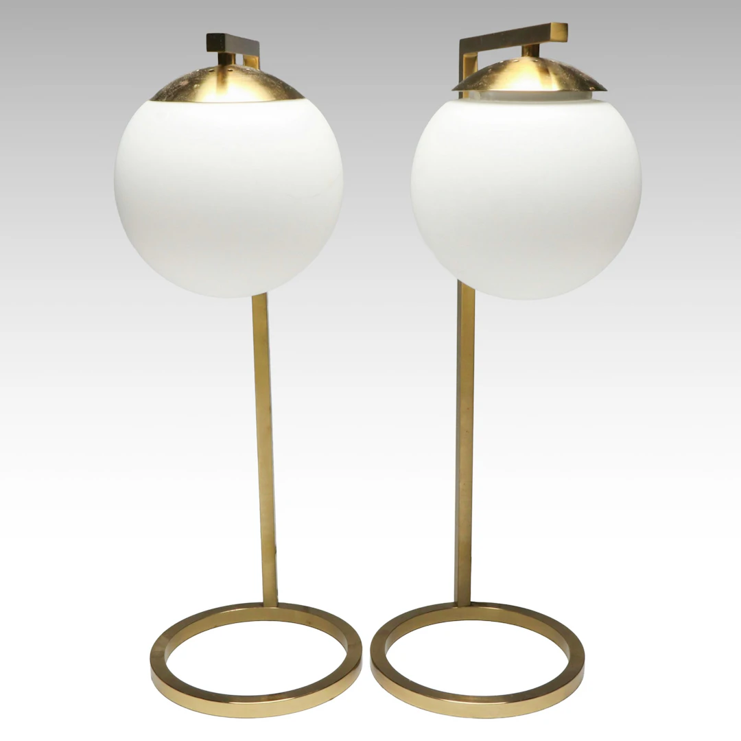 Pair of Brass and Frosted Glass Globe Table Lamps