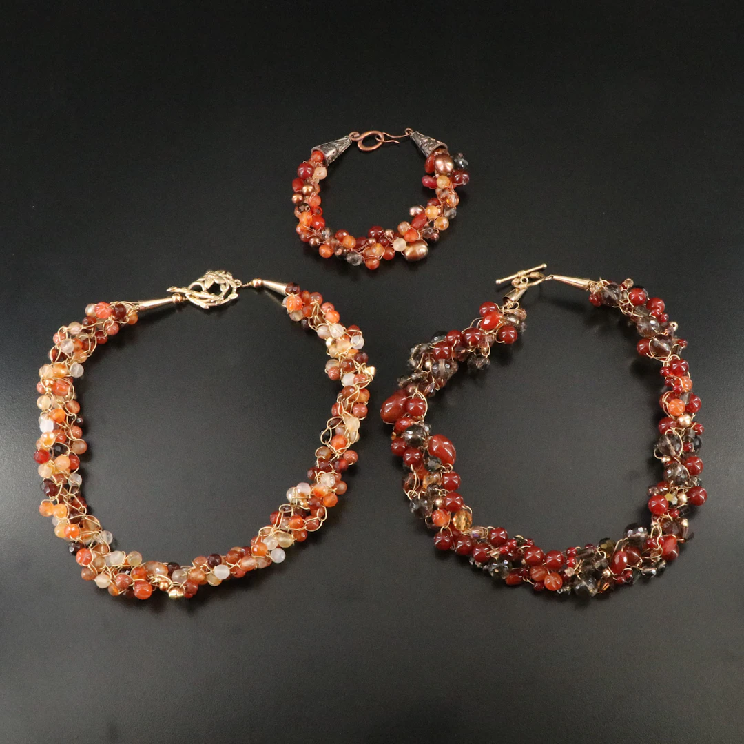 Woven Gemstone Necklaces and Bracelet with Carnelian, Agate, and Pearl