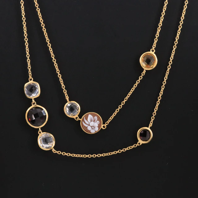 Cameo Italiano Sterling Station Necklace with Citrine and Quartz