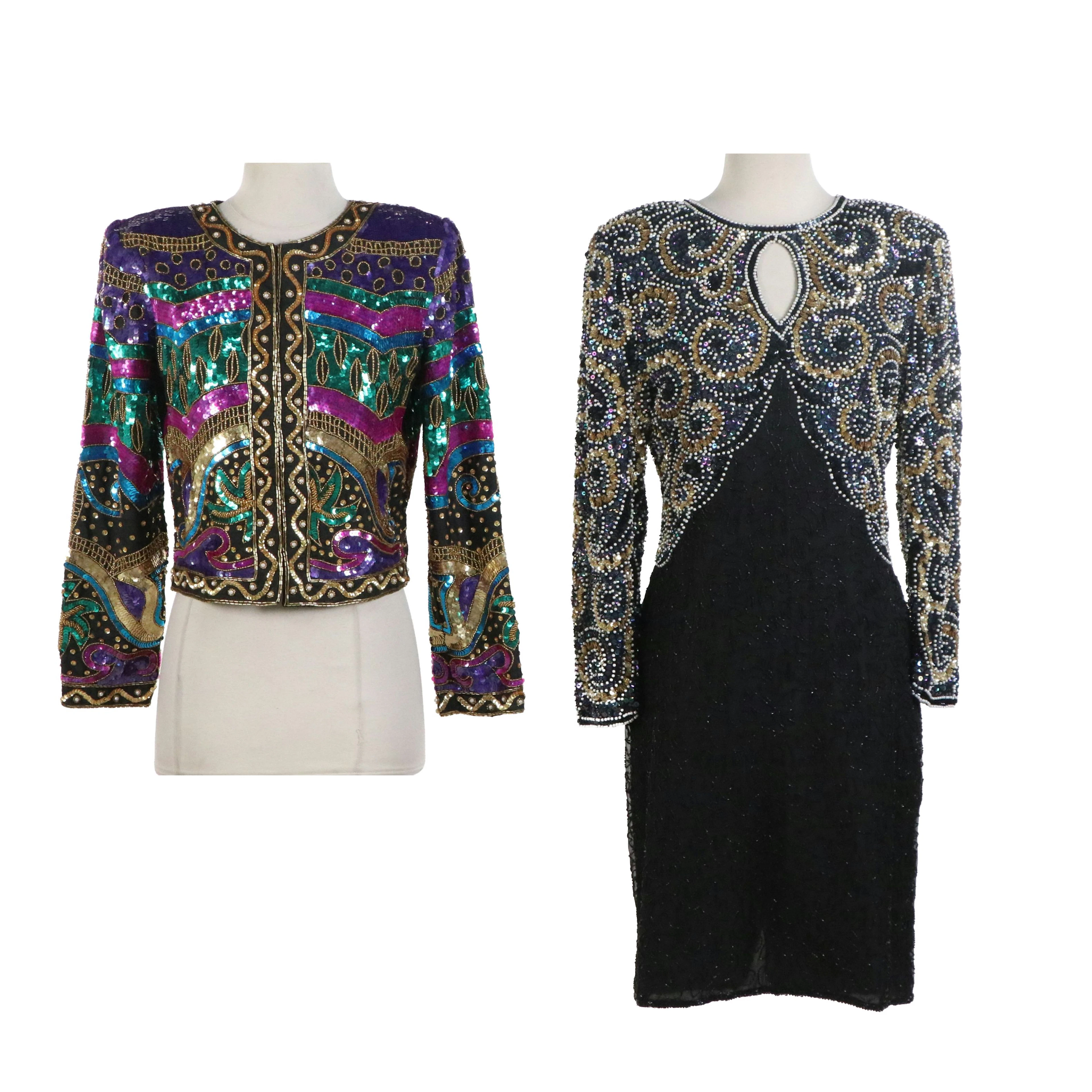 Laurence Kazar and Night Vogue Sequined and Beaded Silk Evening Jacket