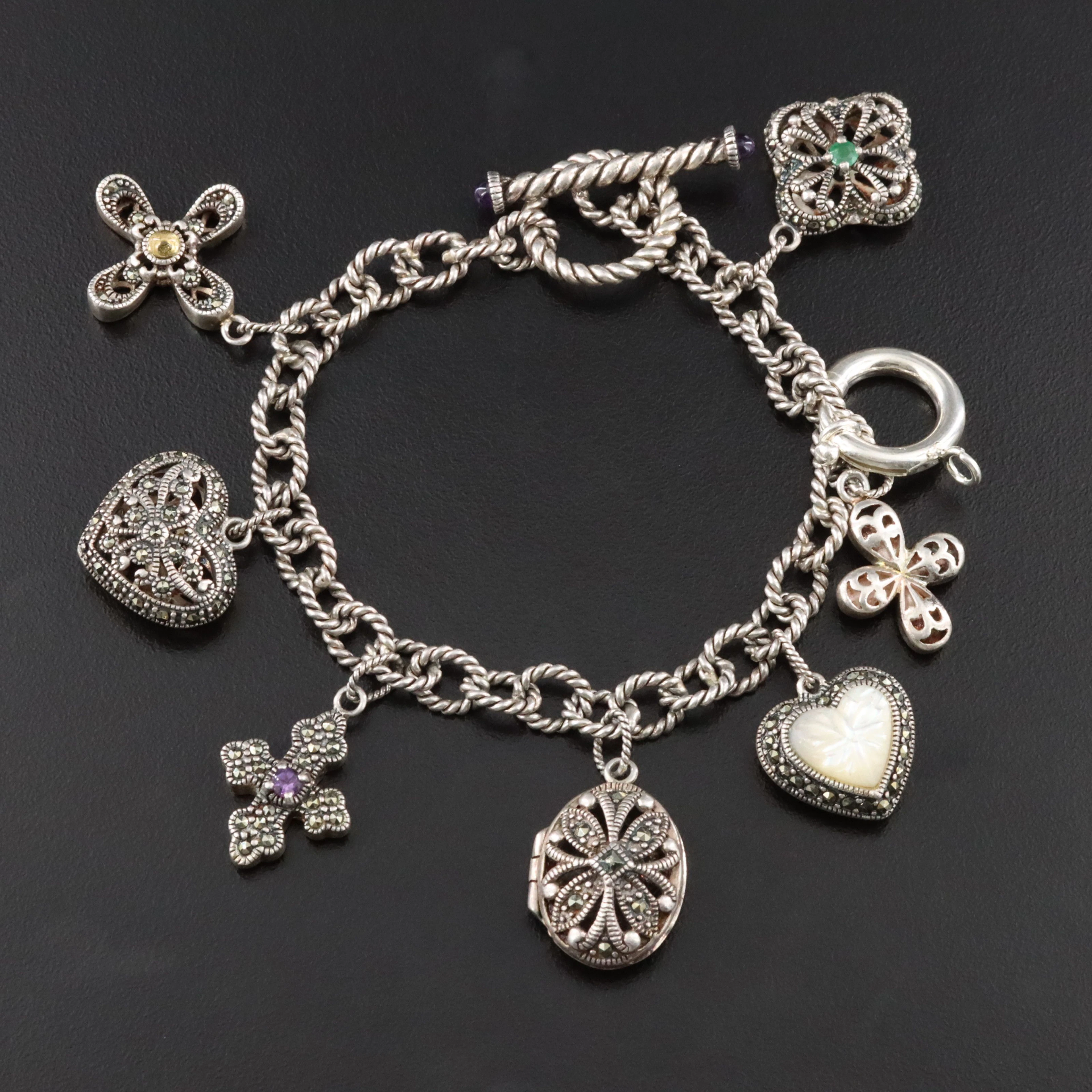 Sterling Gemstone Cross, Heart and Locket Charm Bracelet