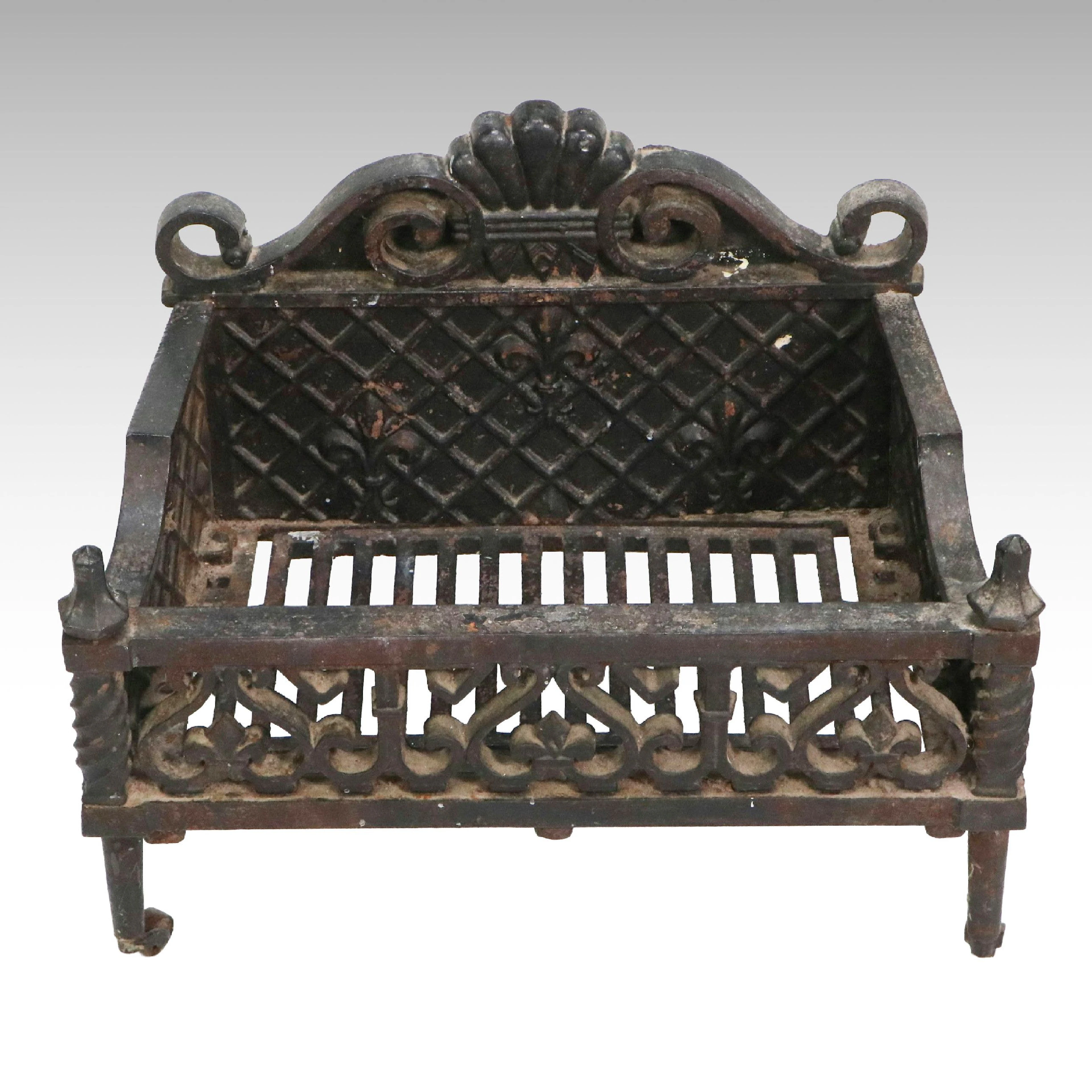 Cast Iron Fleur-de-Lis Wheeled Fireplace Basket