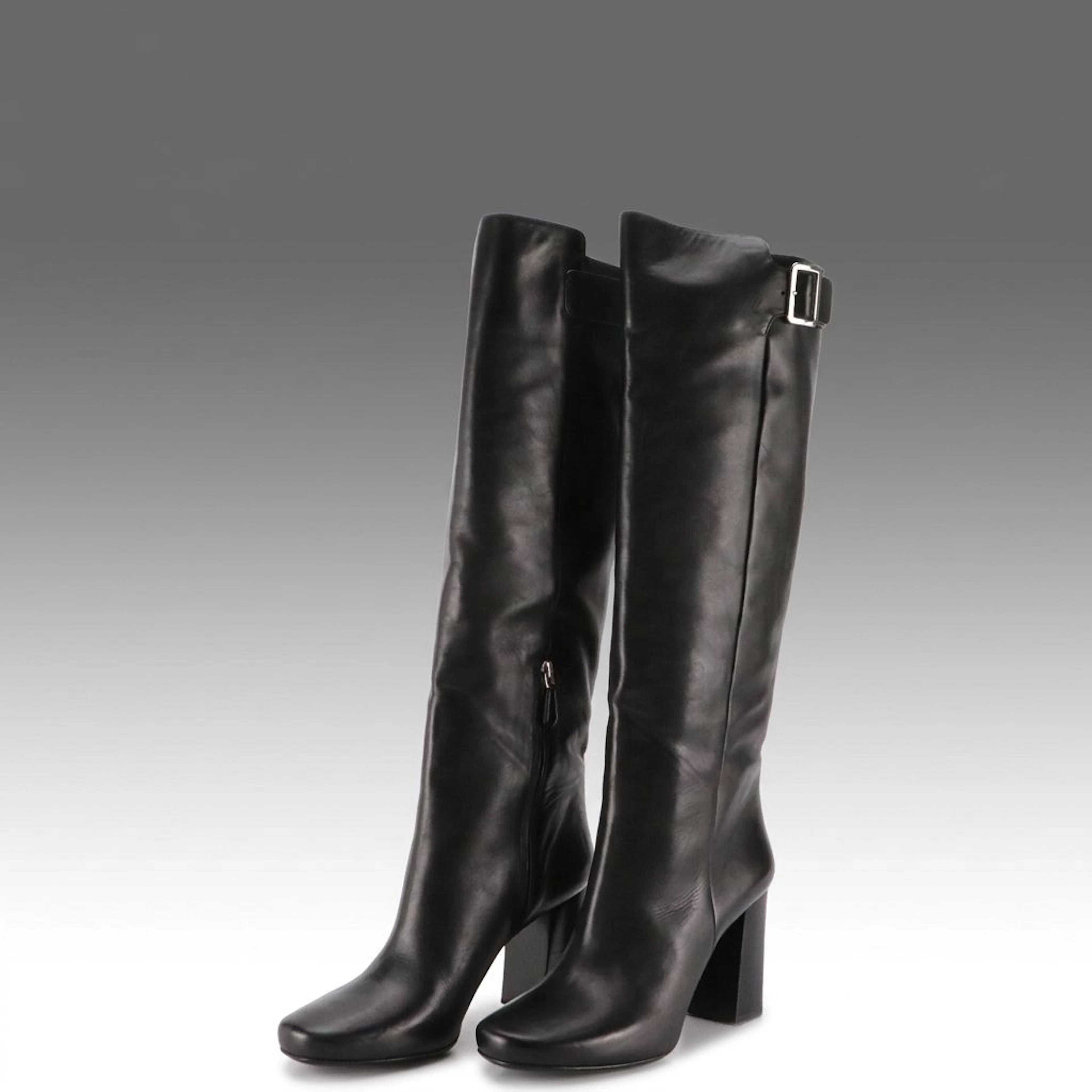 Prada Block Heel Tall Leather Boots with Box