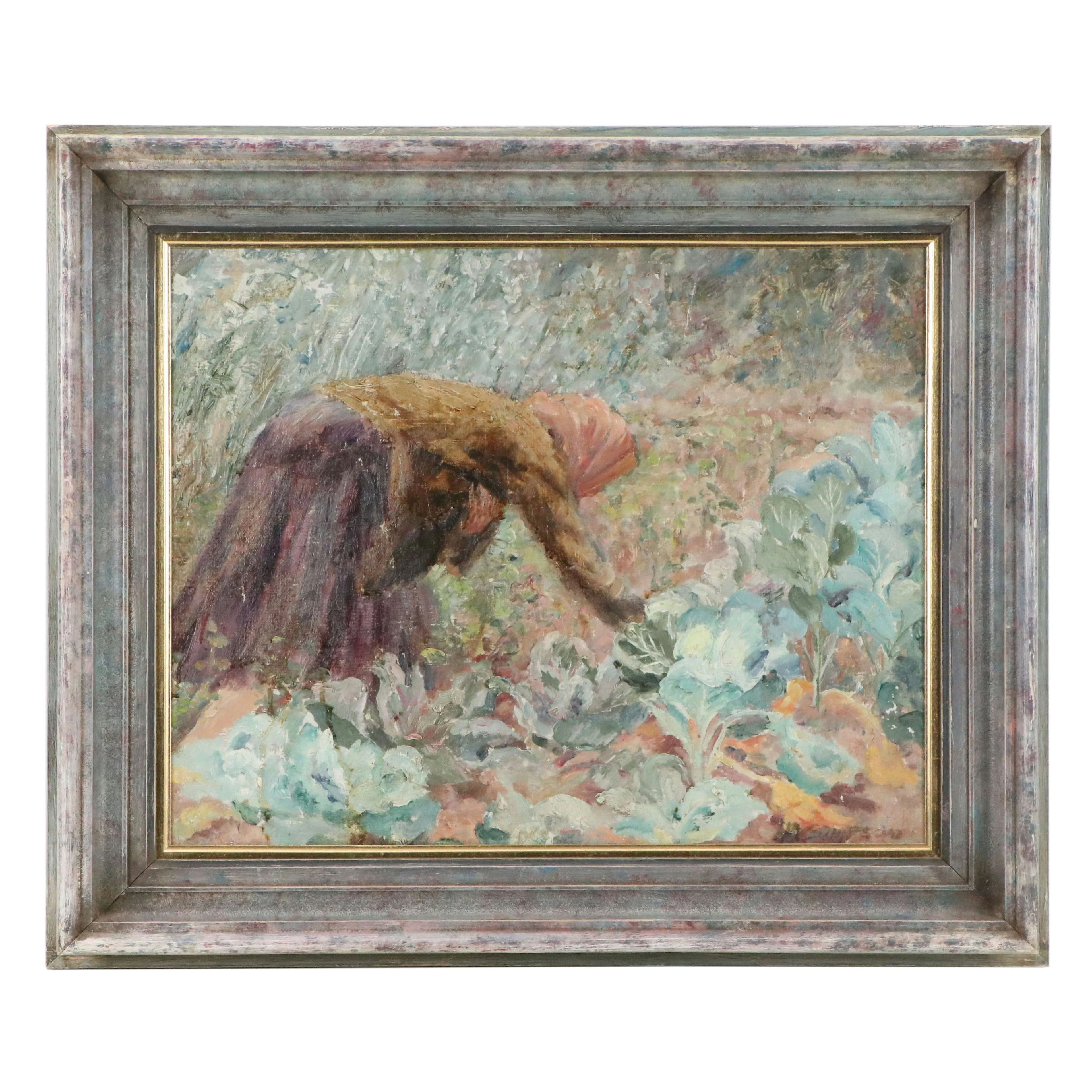 Impressionistic Genre Oil Painting of Woman Harvesting Cabbage