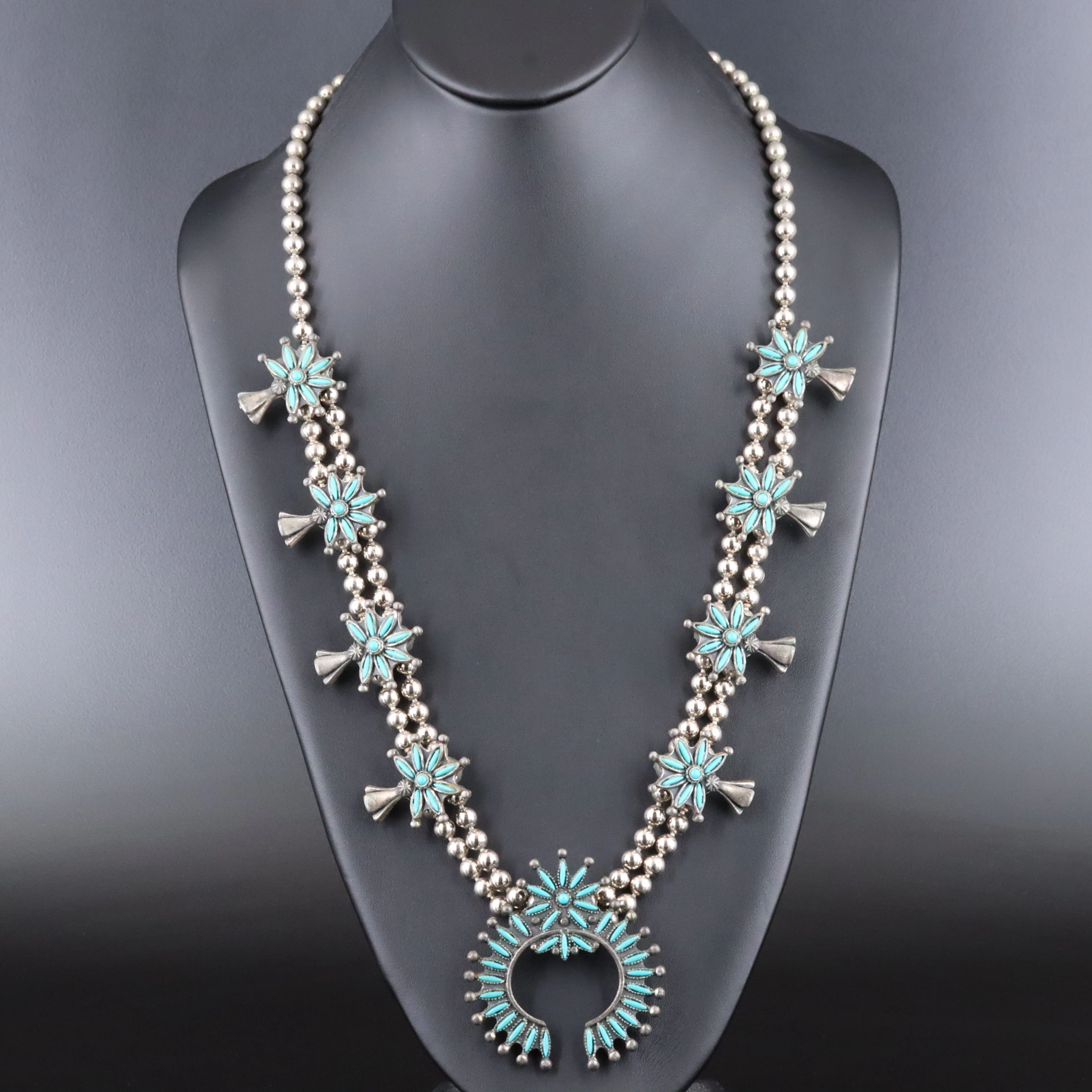 Western Turquoise Squash Blossom Style Necklace