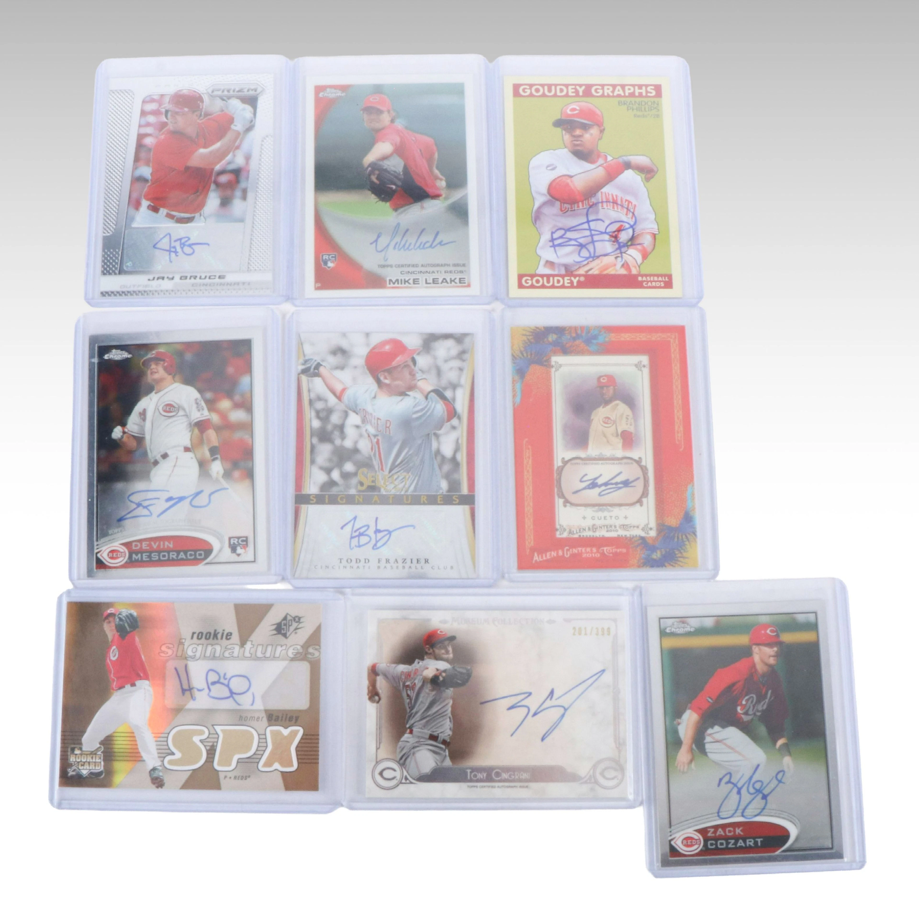 Nine Signed Cincinnati Reds Baseball Cards with Cueto, Phillips Bruce, Frazier