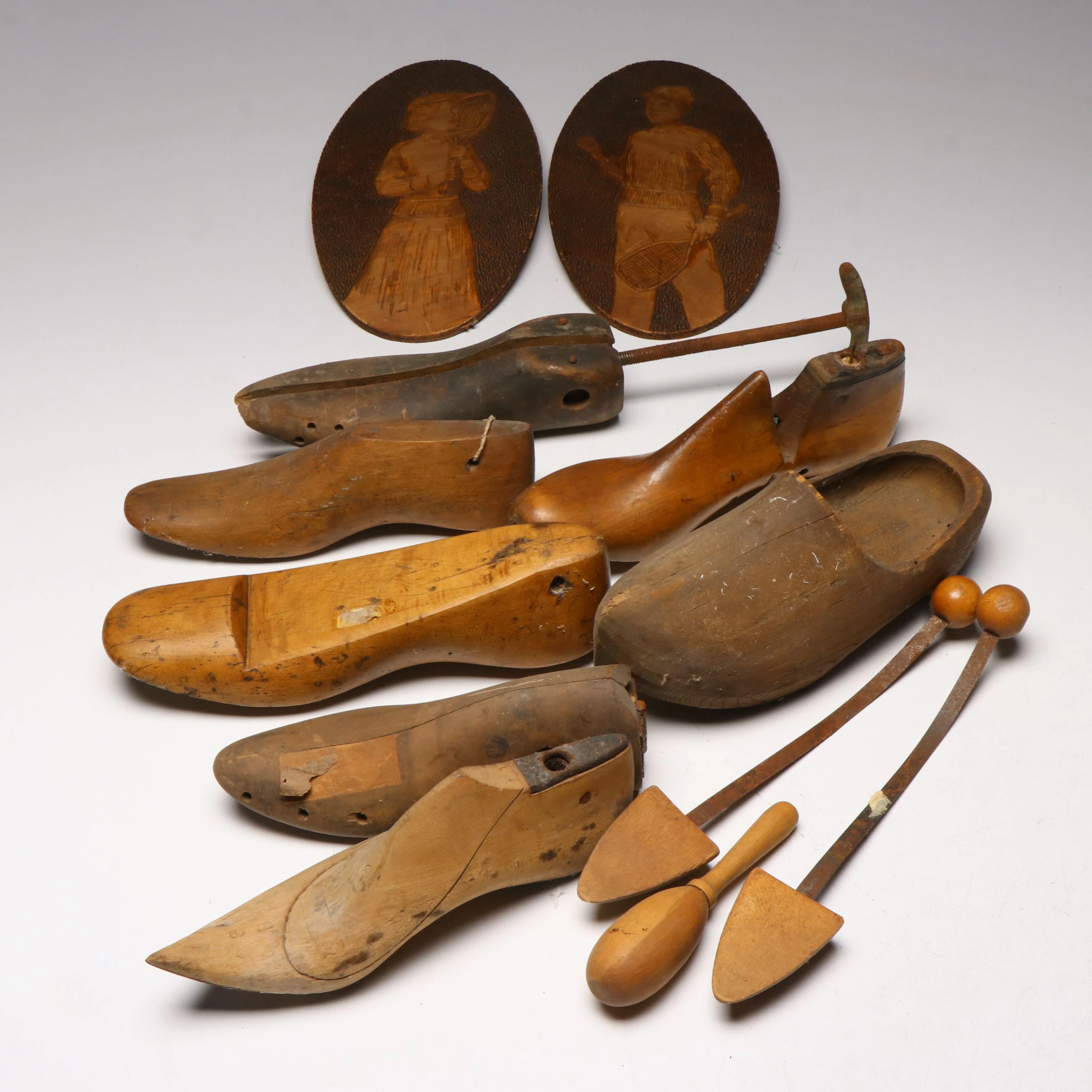 Antique Wooden Shoe Forms with Pyrography Wall Hangings